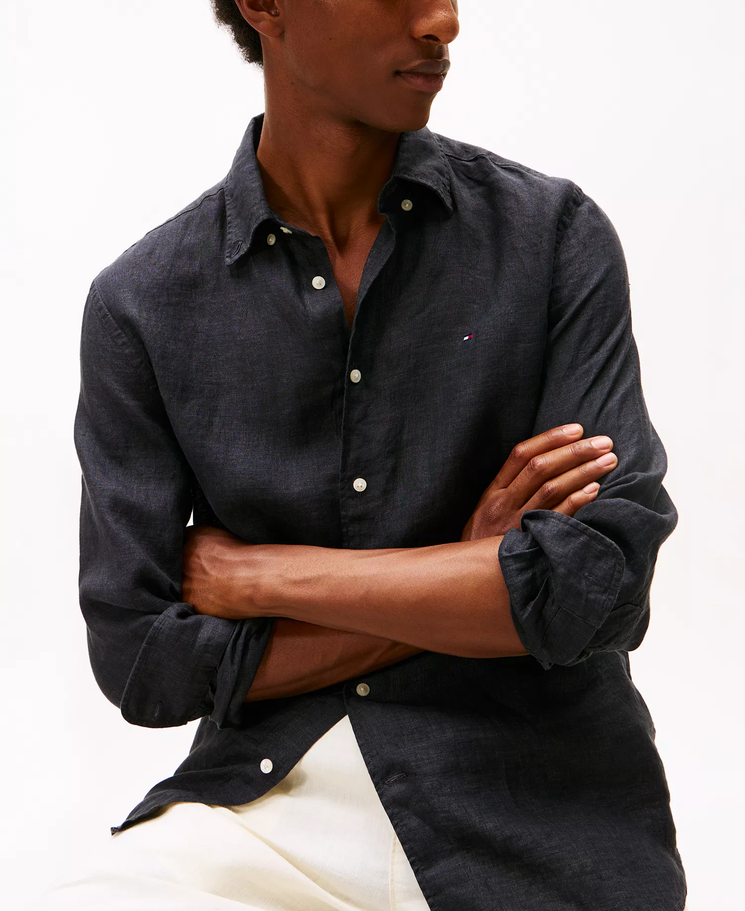 Men's Button-Down Linen Long-Sleeve Shirt - Black - L