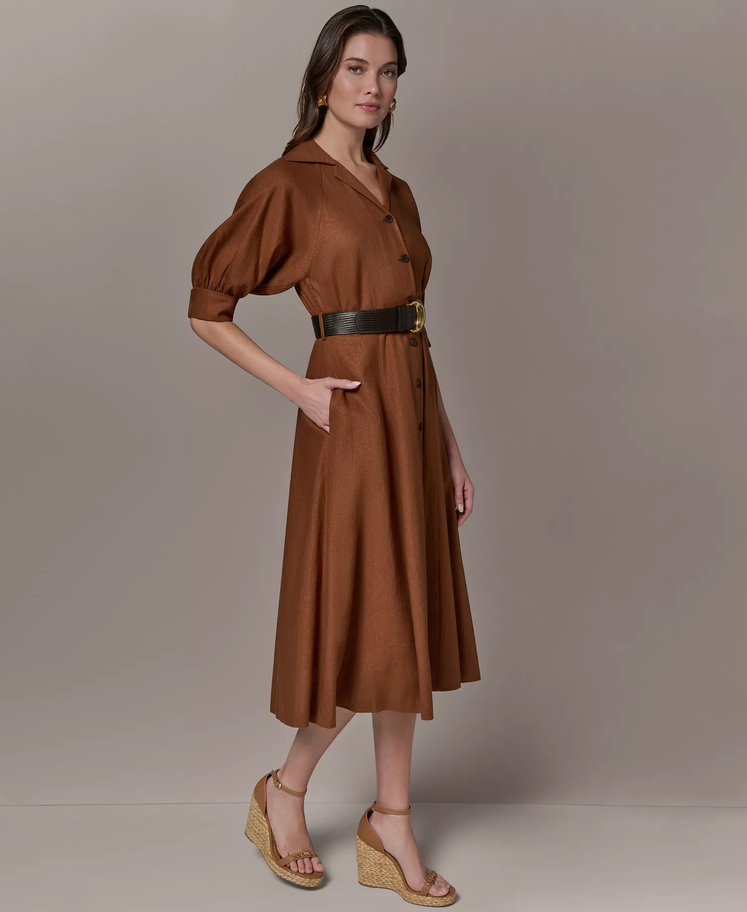 Women's Collared Neck Shirt Dress - Cognac - 10
