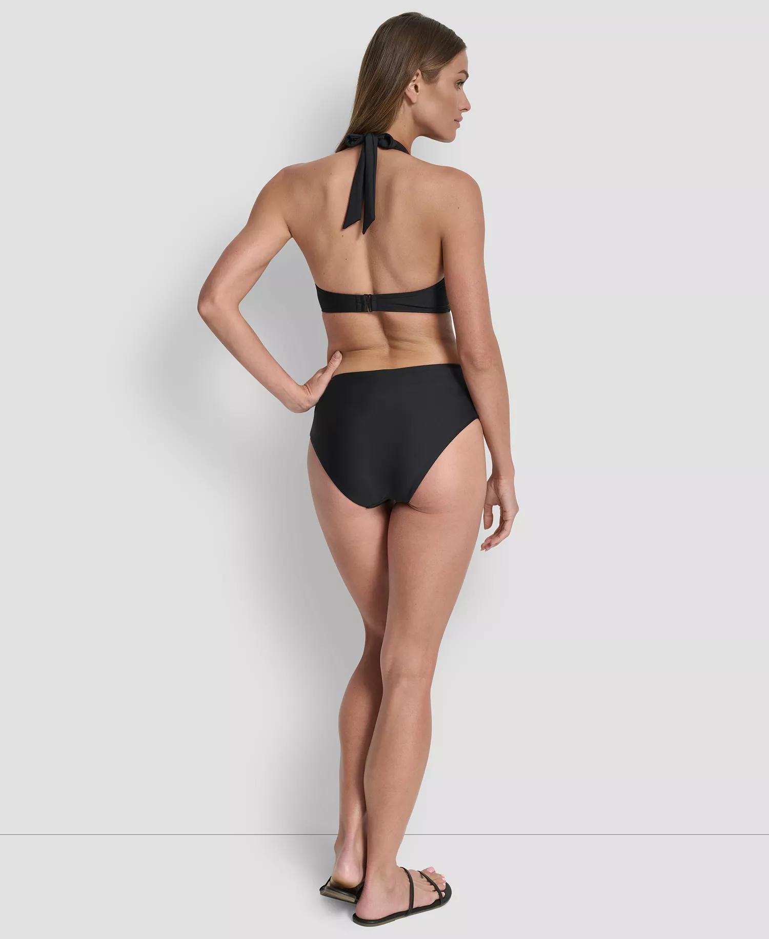 Women's Shirred Buckle Front V-Neck Halter Top - Black - L