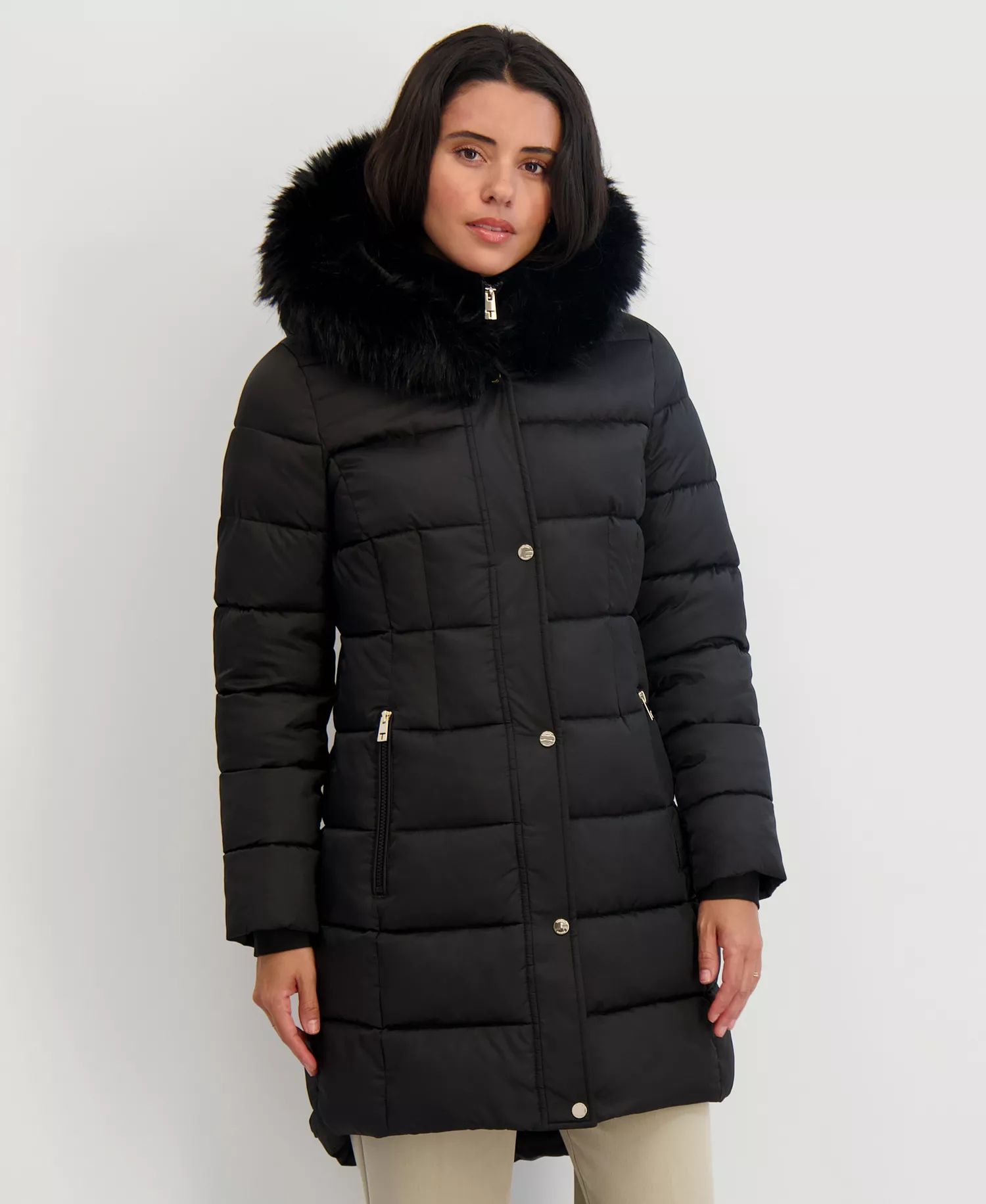 Womens Velvet Bibbed Faux-Fur Hooded Puffer Coat - Black - S