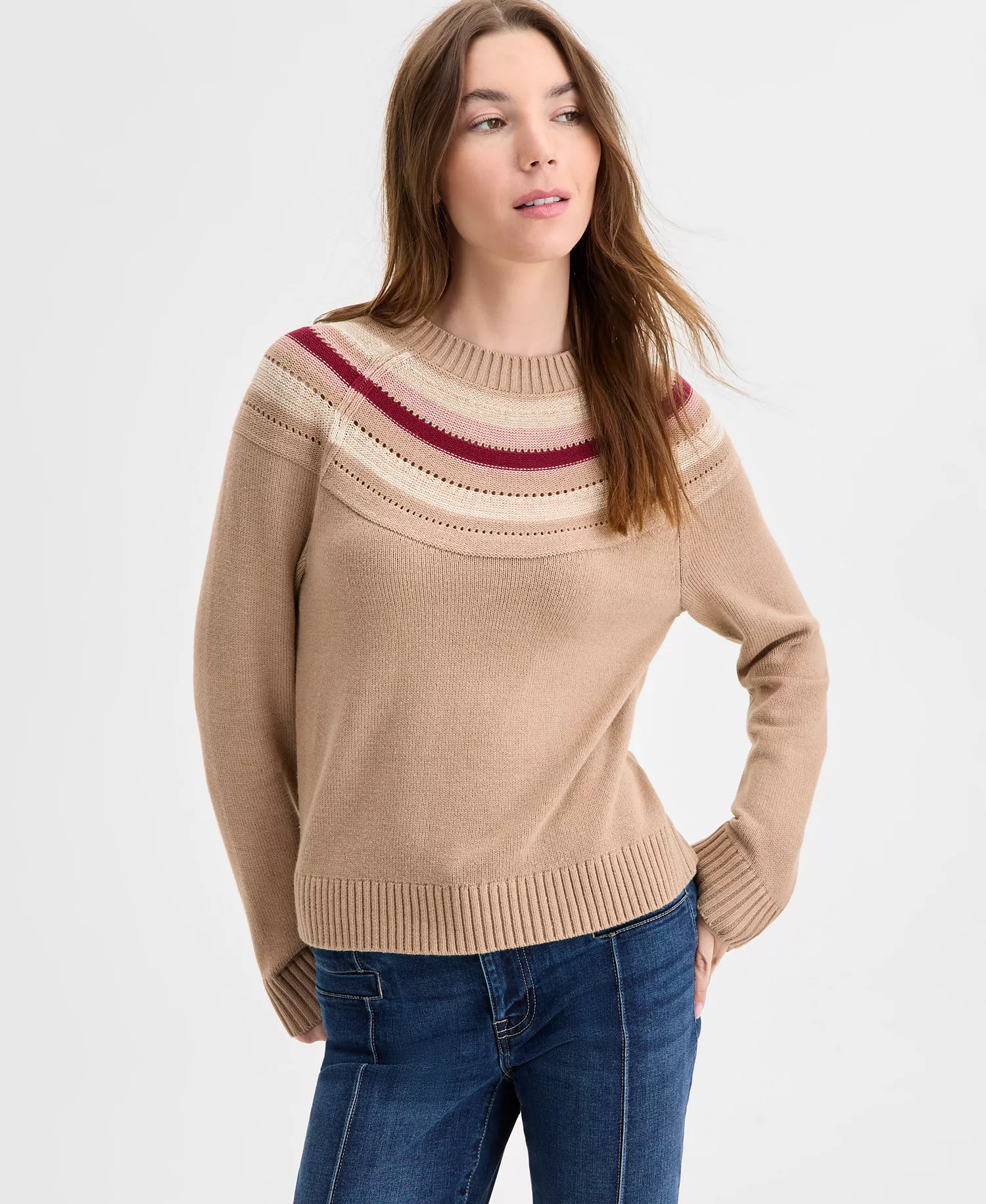 Nautica Women's Striped Yoke Crewneck Sweater  - Camel Multi - L