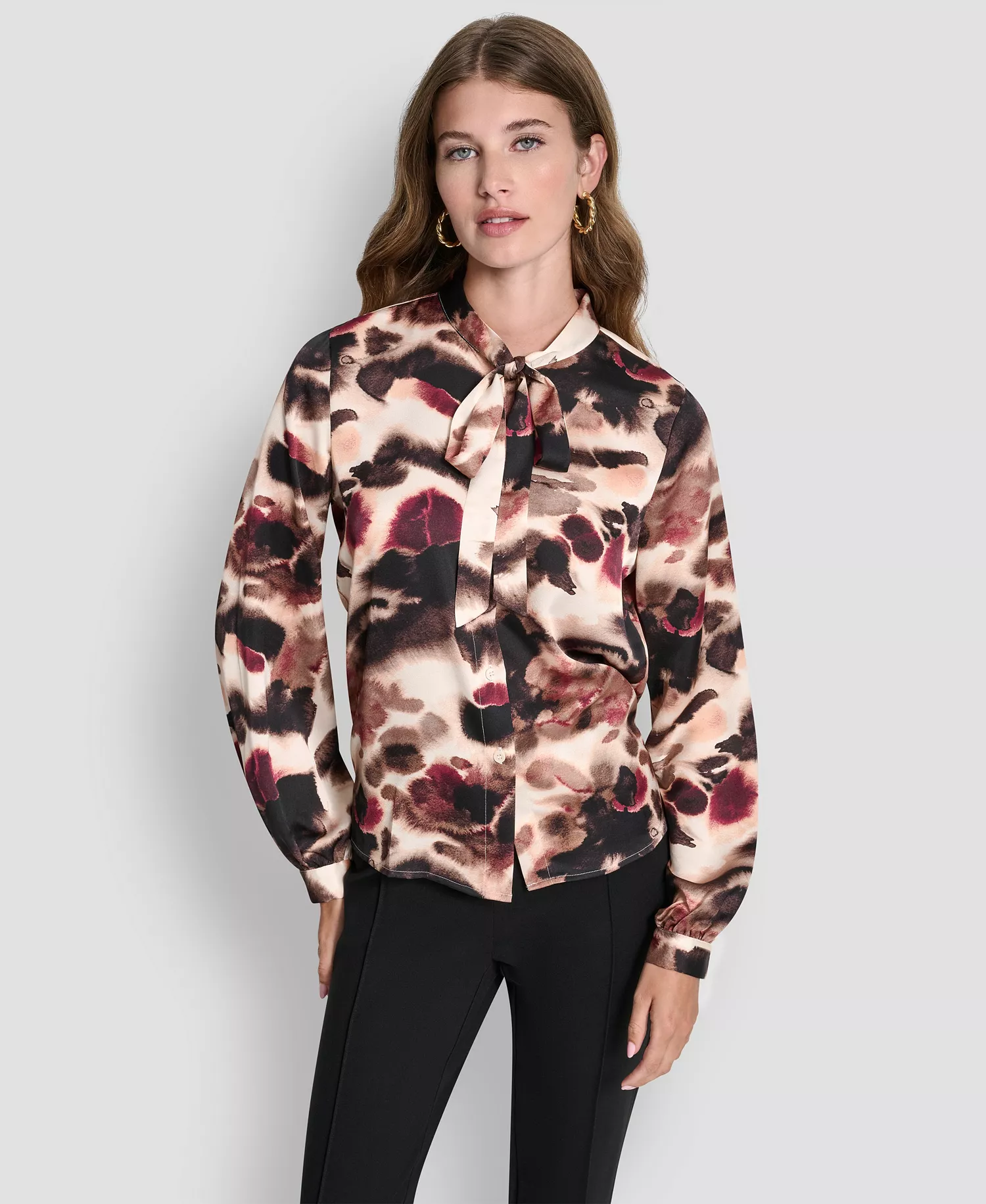 Petite Necktie Long-Sleeve Top - Blonde/truffle Multi - P/L