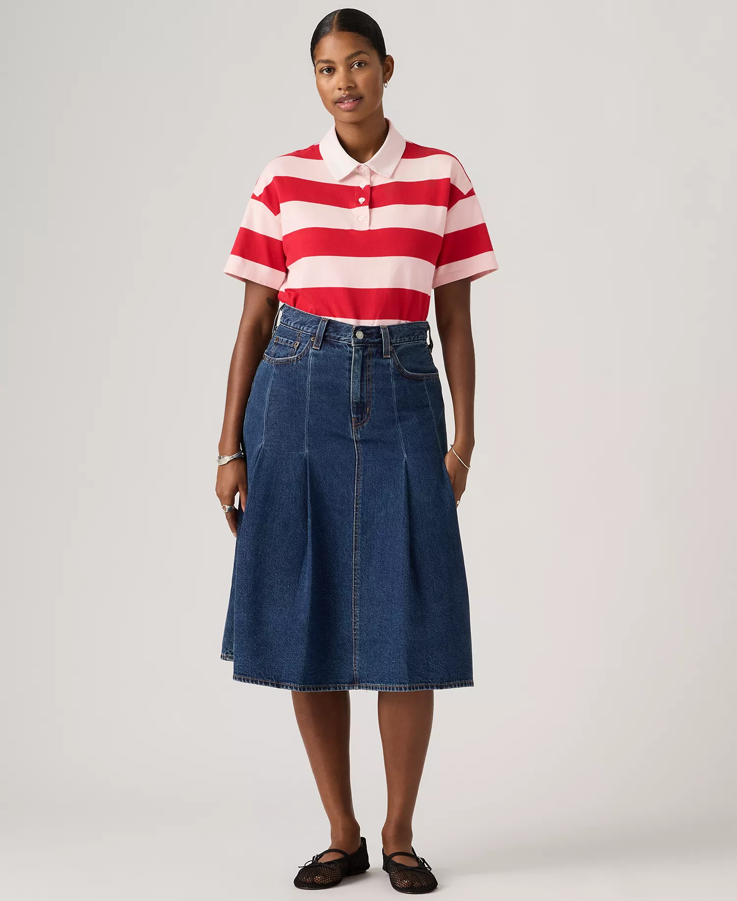 Women's Pleated Denim Midi Skirt - Slightly Coral - 24