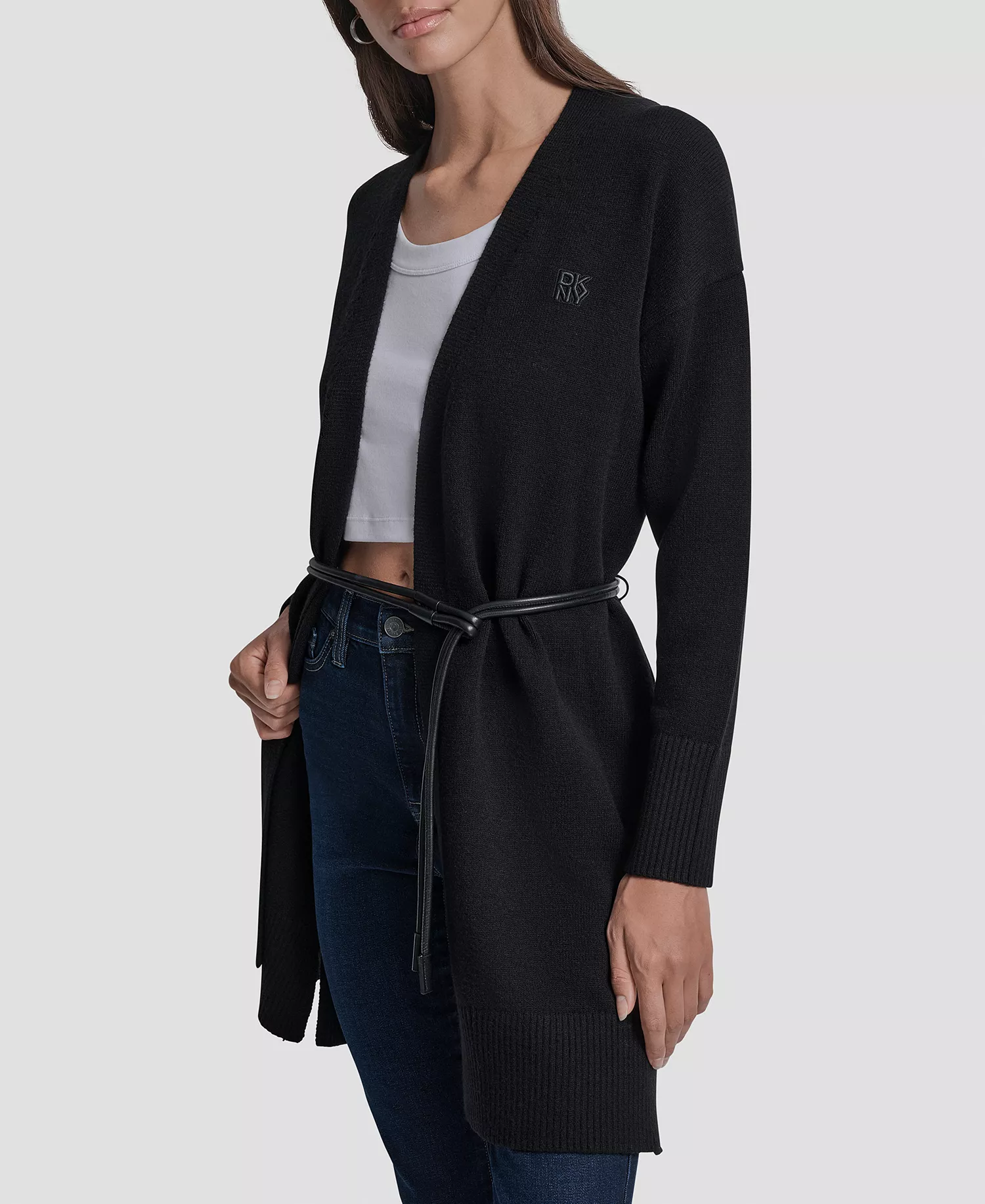 Petite Long Sleeves Cardigan with Lasso Belt - Black - PL