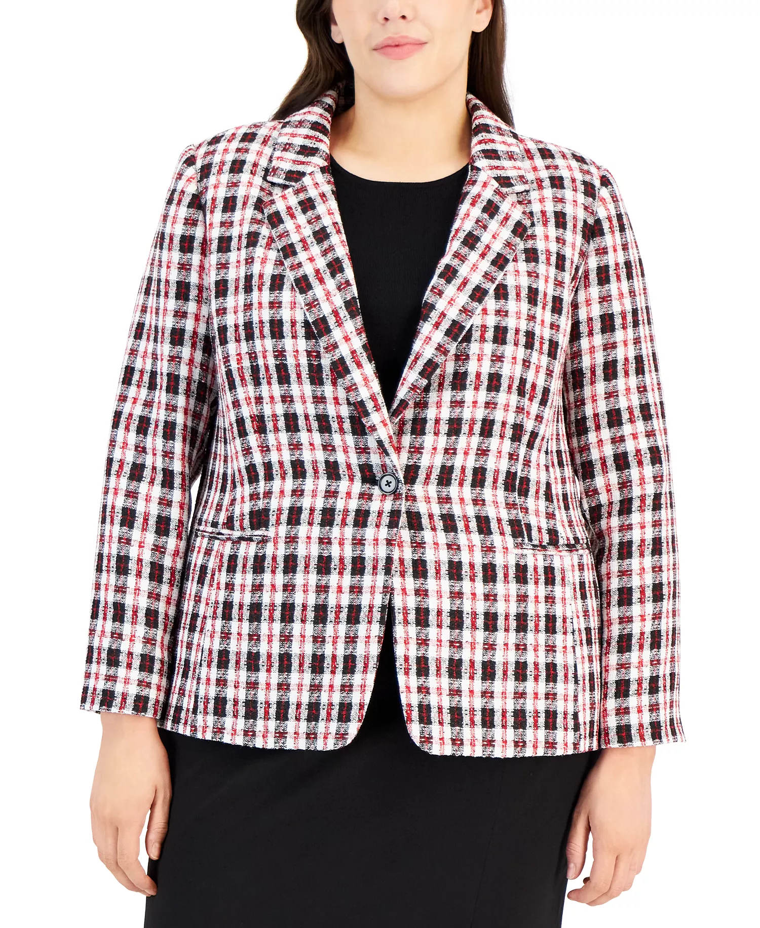 Plus Size Plaid Long-Sleeve Blazer - Ivory Blac - 24W
