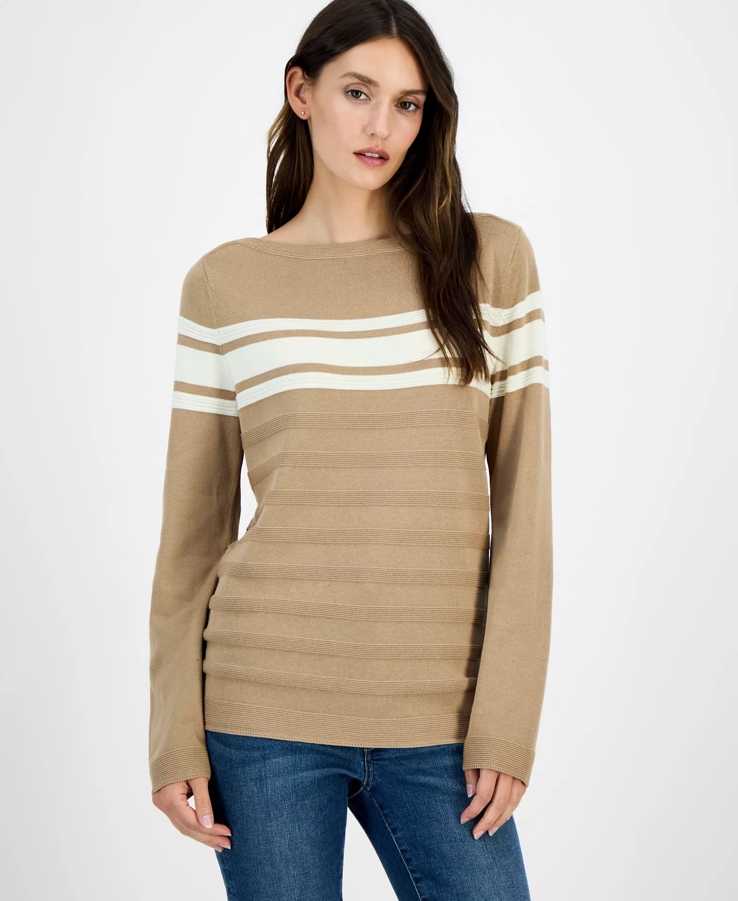 Nautica Women's Cotton Boat-Neck Textured Sweater  - Camel/ White Swan - L