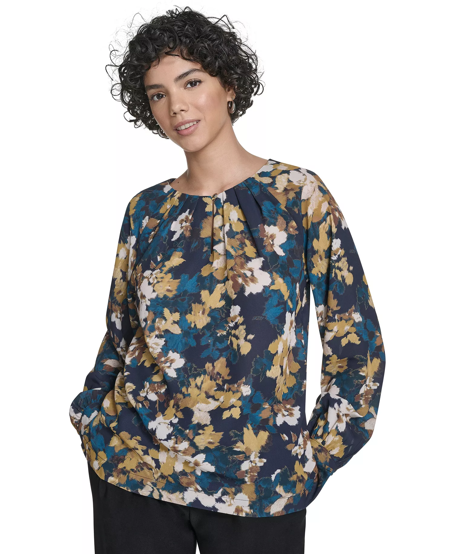 Women's Long Sleeve Keyhole Blouse - Navy Multi - XS