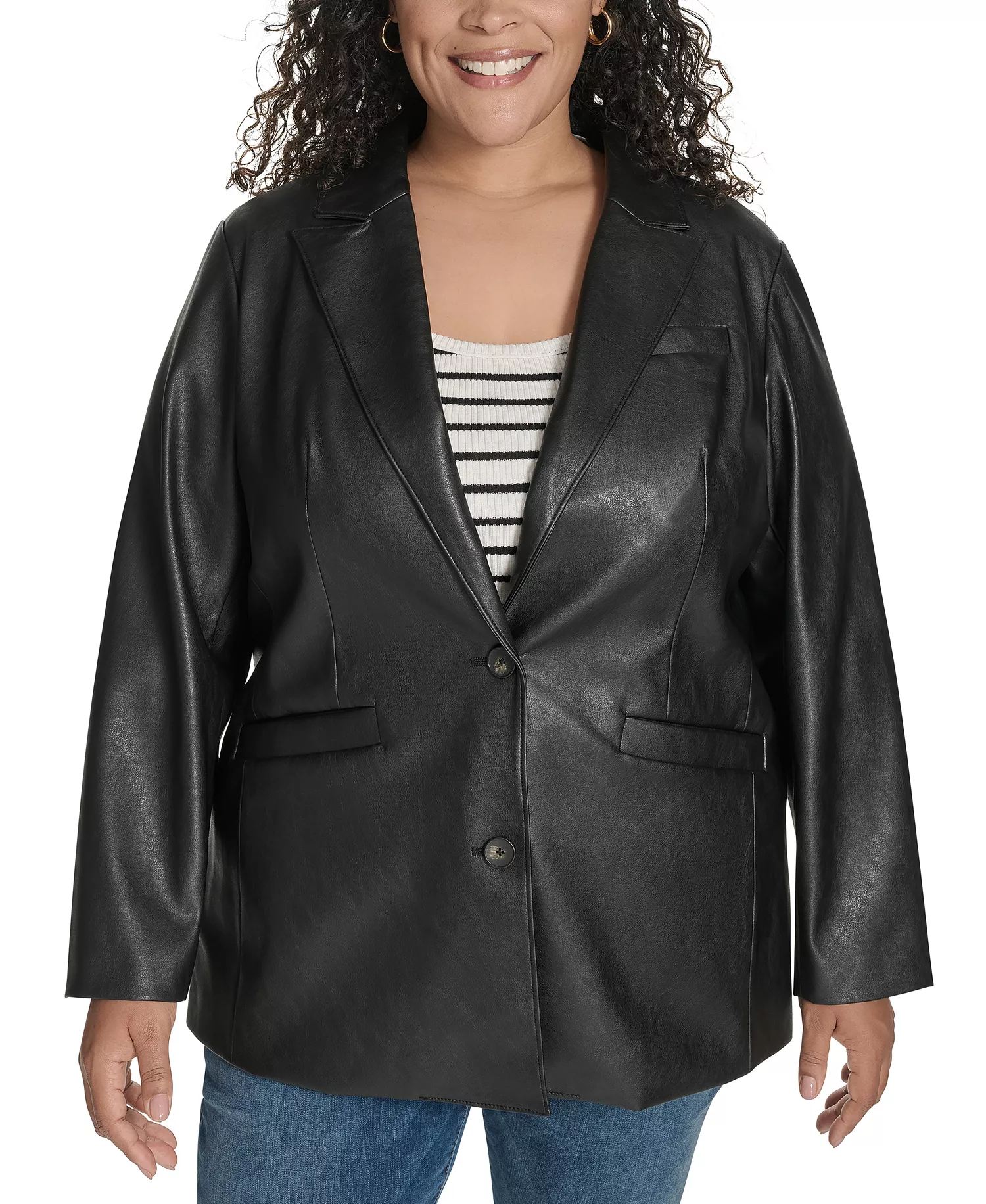 Plus Size Faux-Leather Peak-Lapel Jacket - Black - 1X
