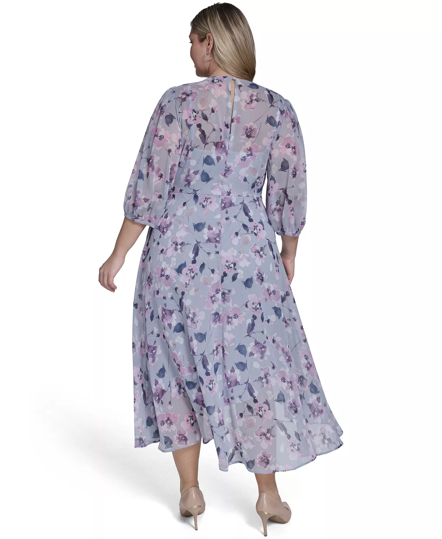 Plus Size Balloon-Sleeve Wrap Dress - Slate Multi - 14W