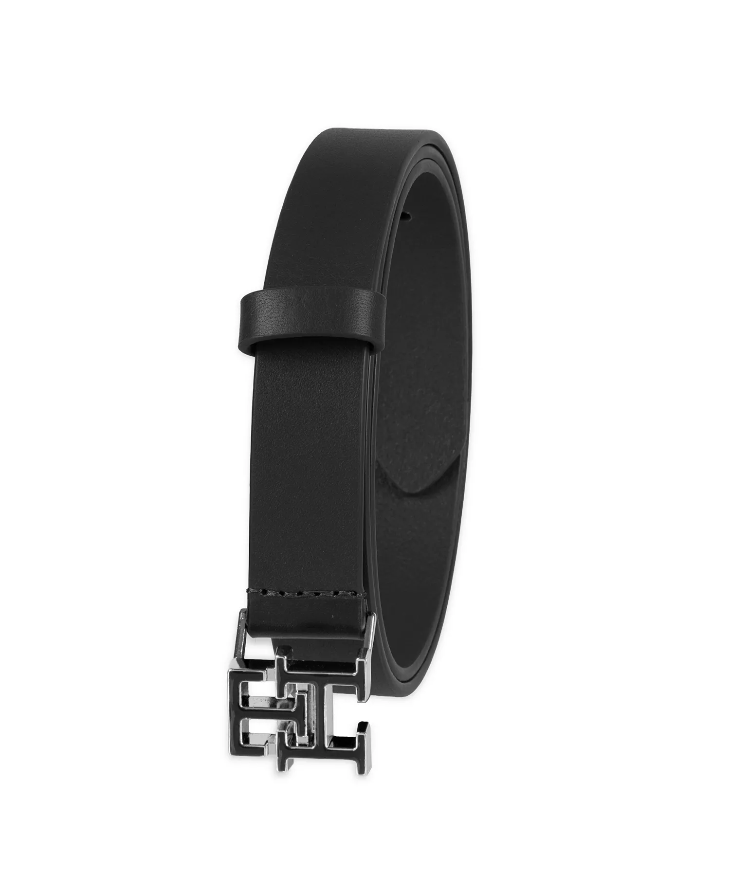 Women's Enamel Monogram Buckle Casual Leather Belt - Black - L