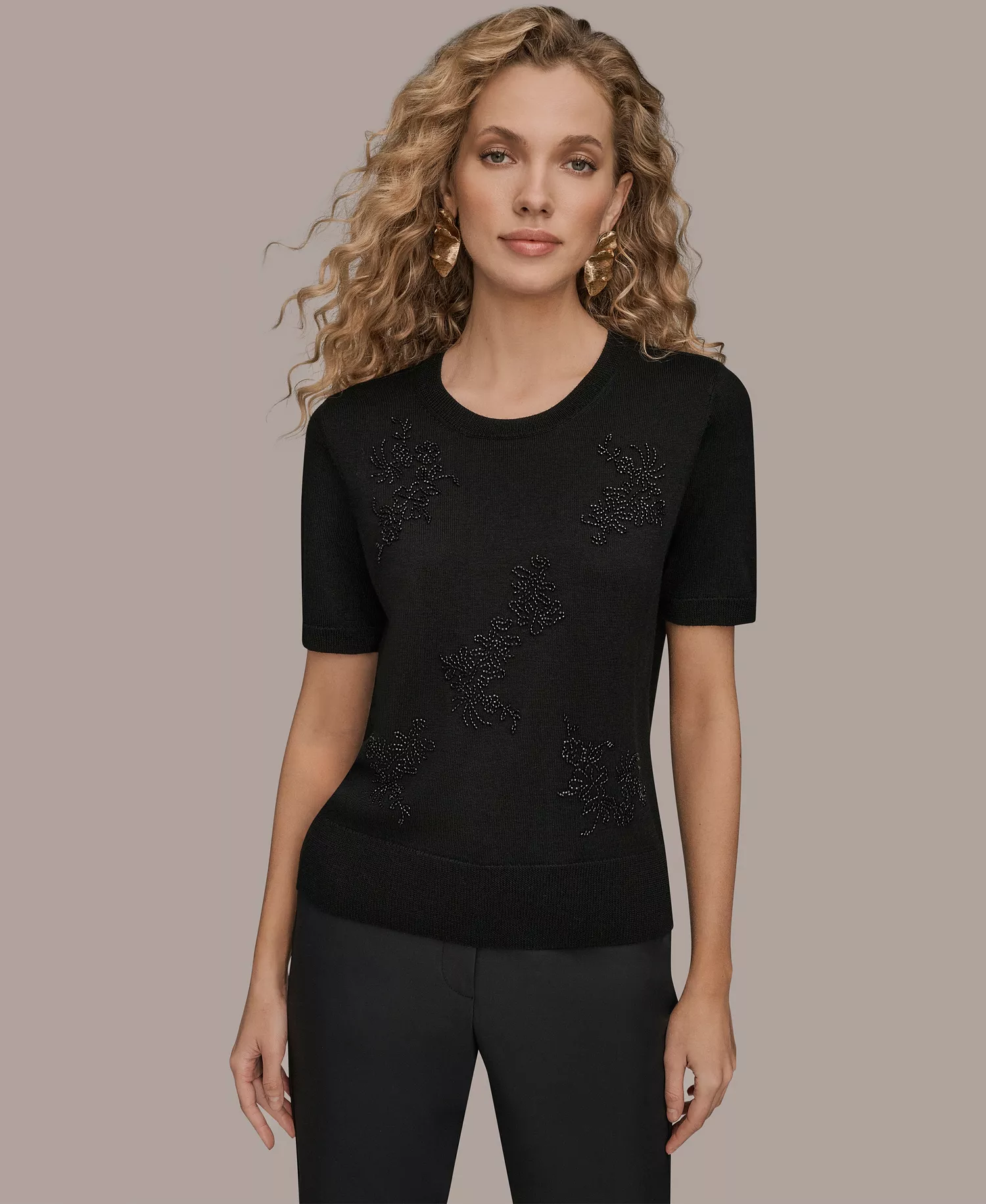 Women's Beaded Crewneck Sweater - Black - L