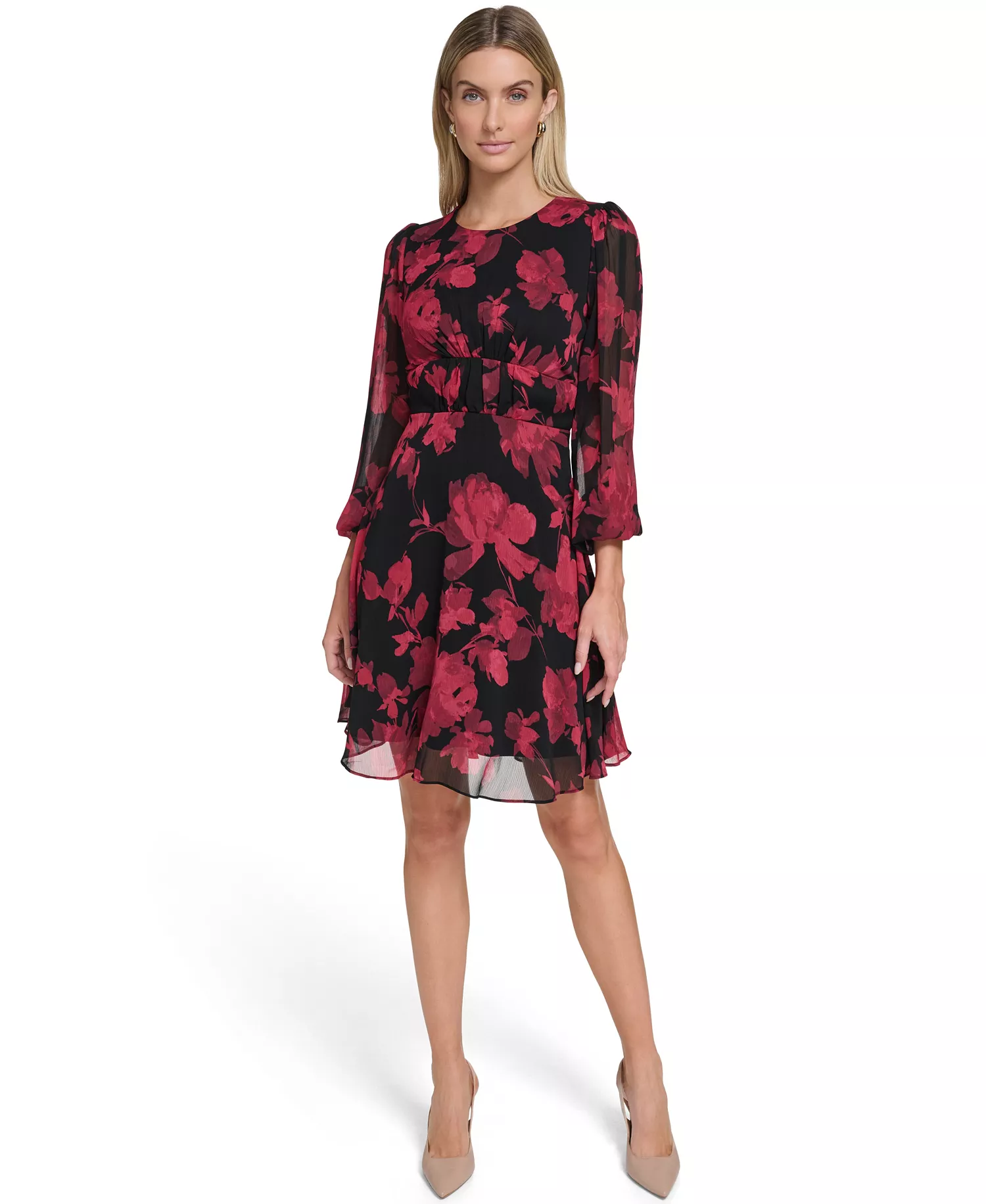 Petite Printed Long-Sleeve A-Line Dress - Black Red - 0P