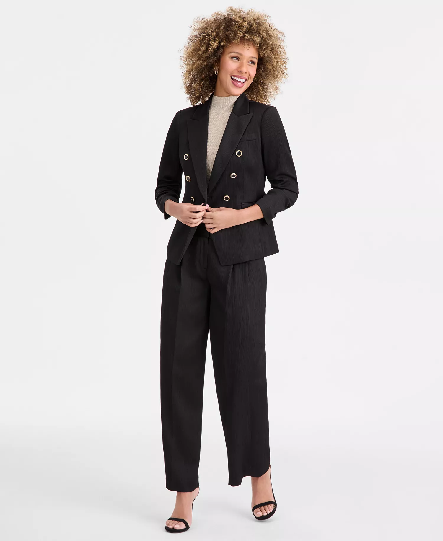 Petite Crinkle-Pleat Double-Breasted Blazer - Black - 10P