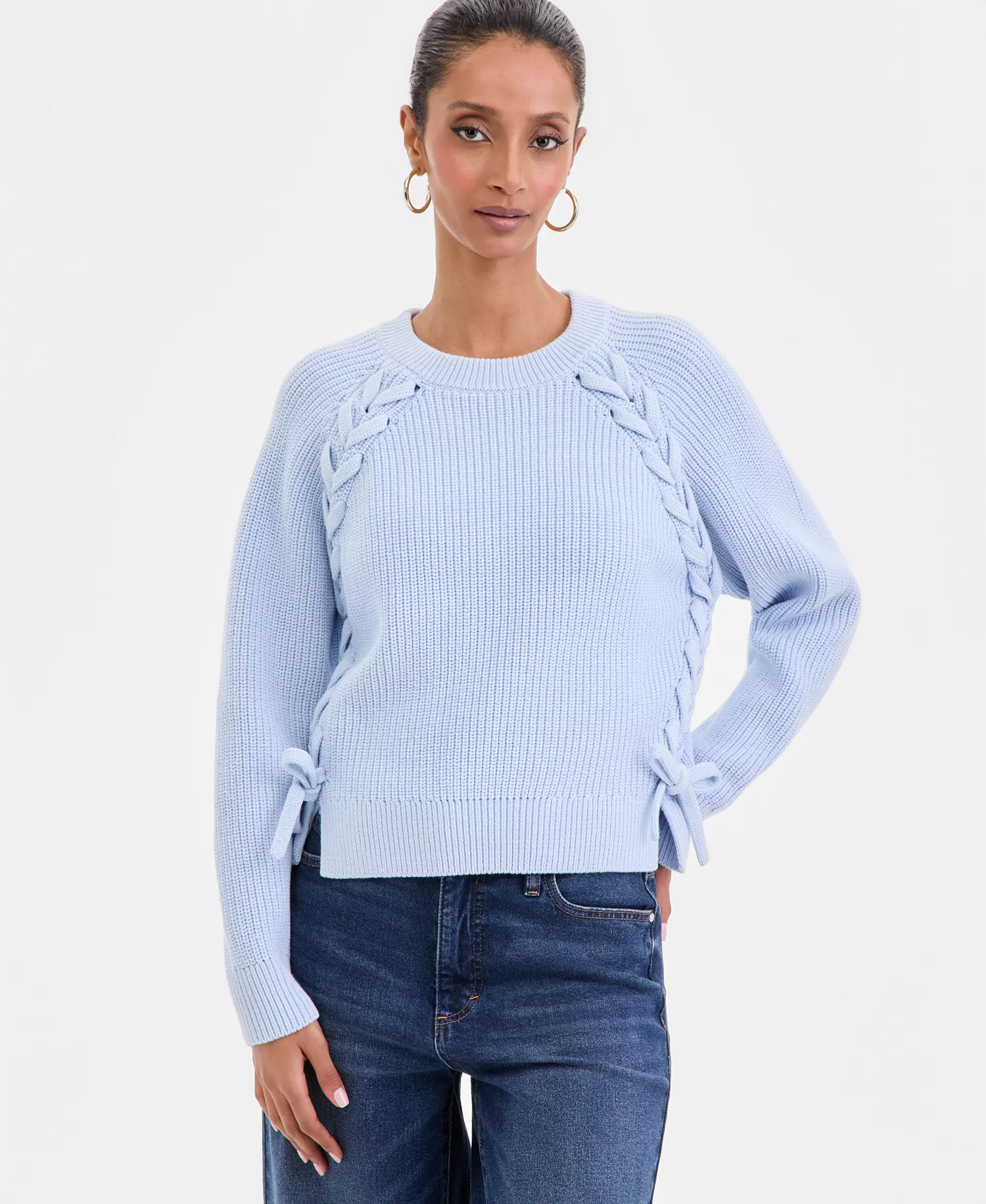 Women's Lace-Up-Detail Sweater, Created for Macy's - Bliss Blue - L