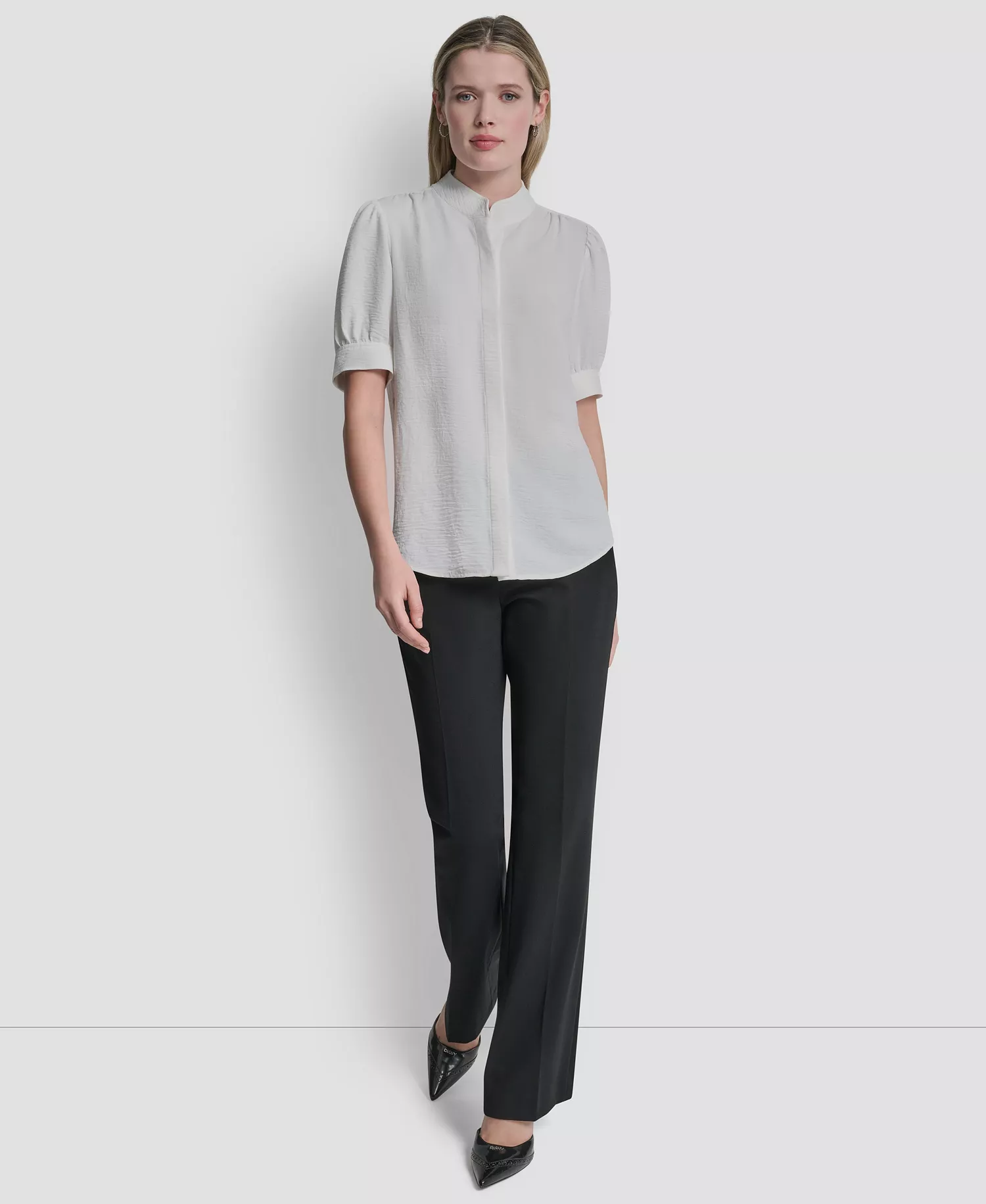 Women's Bell-sleeve Mandarin Collar Textured Blouse - Ivory - L