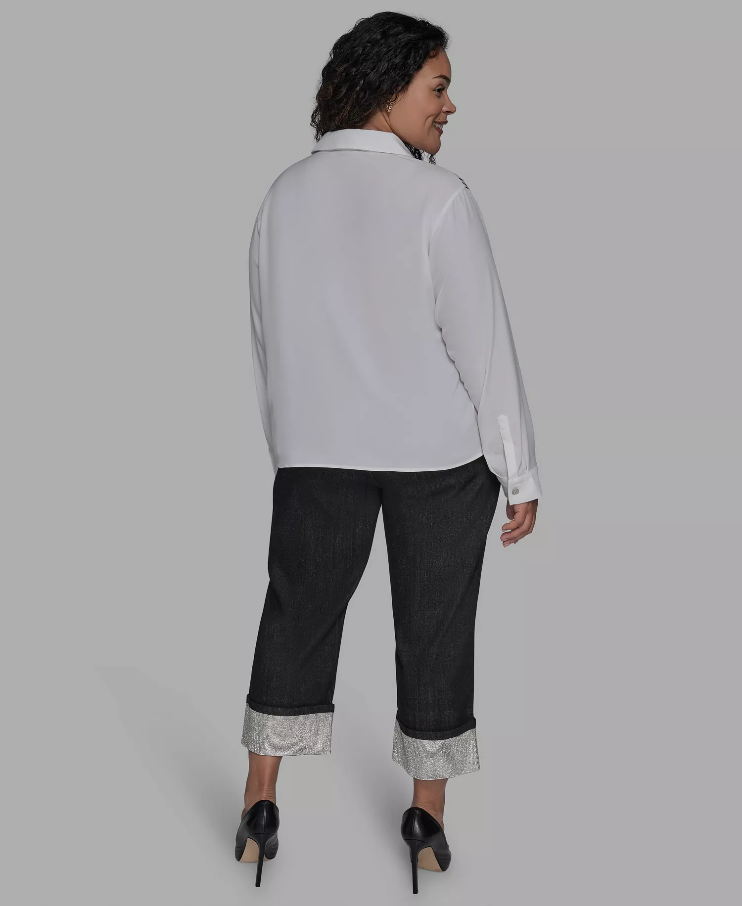 Plus Size Paris-Print Button-Front Blouse - Soft White - 1X