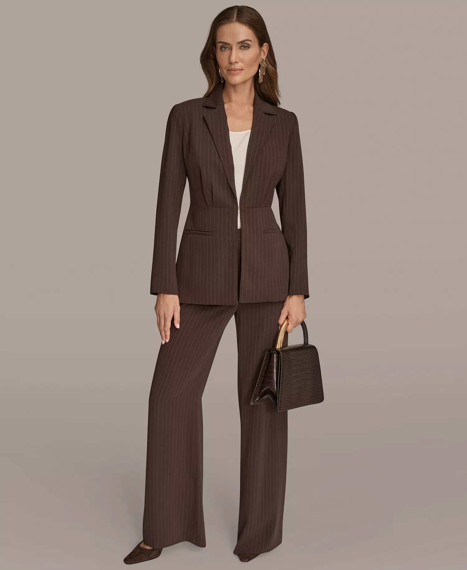 Women's Notch Lapel Collar Pinstripe Tie-Waist Jacket - Chocolate Plum/Nolita - 12