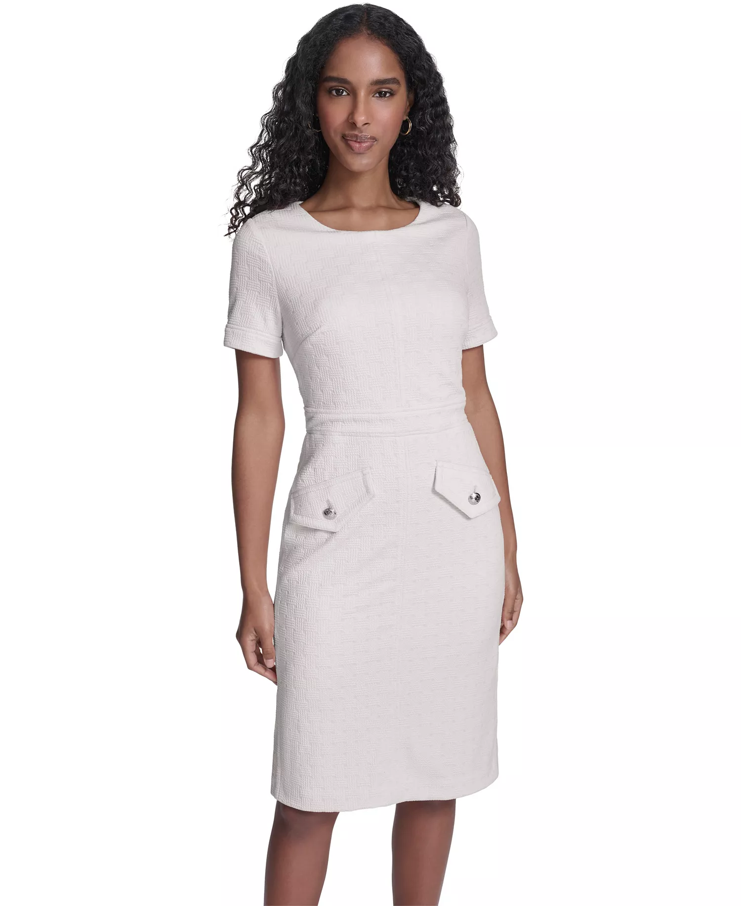 Women's Short-Sleeve Wicker Weave Shift Dress - Ivory - 10