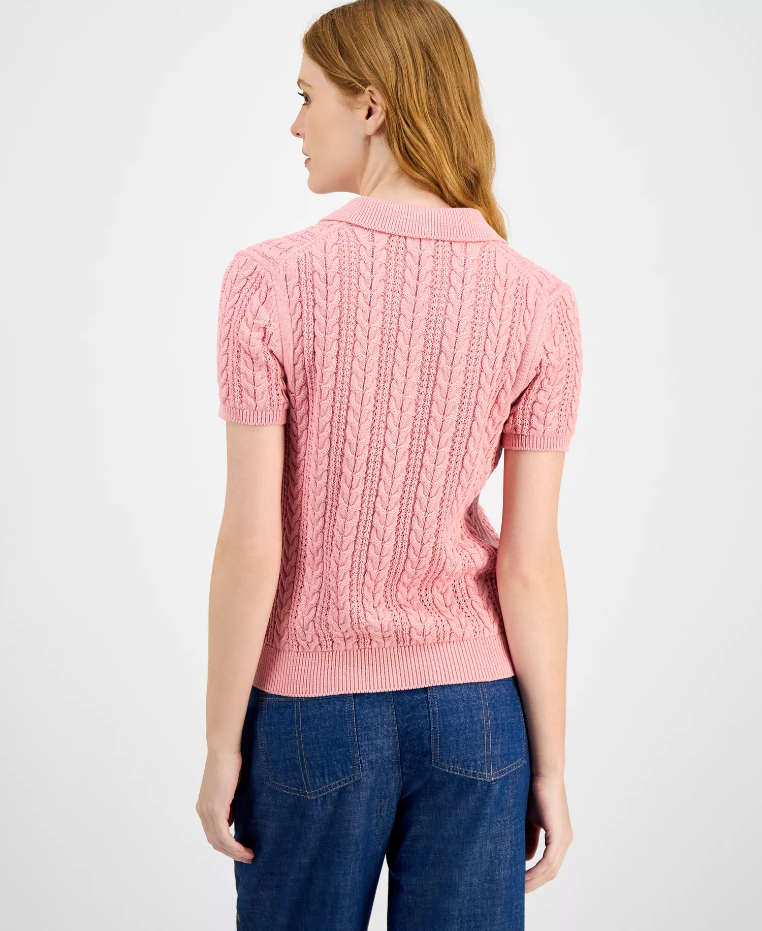 Nautica Women's Cotton Polo Cable-Knit Sweater  - Bridal Rose - L