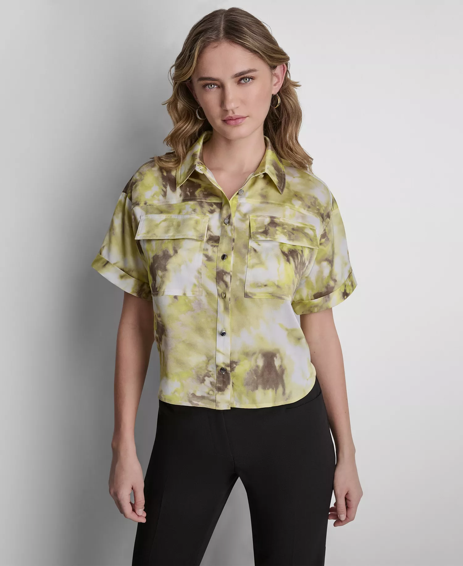 Petite Printed Button-Front Camp Shirt - Sage/Lime Multi - P/L
