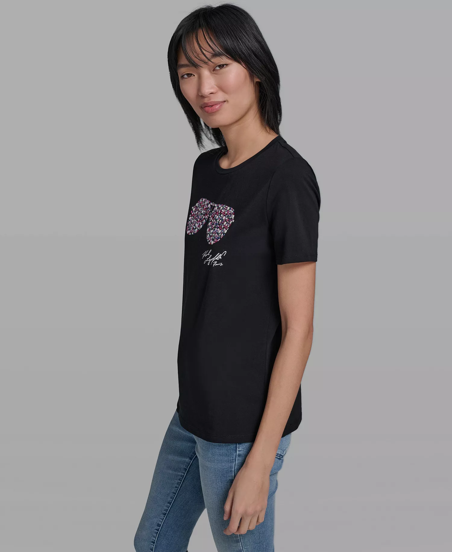 Women's Crew Neck Multi Jeweled Sunglass T-Shirt - Black - L