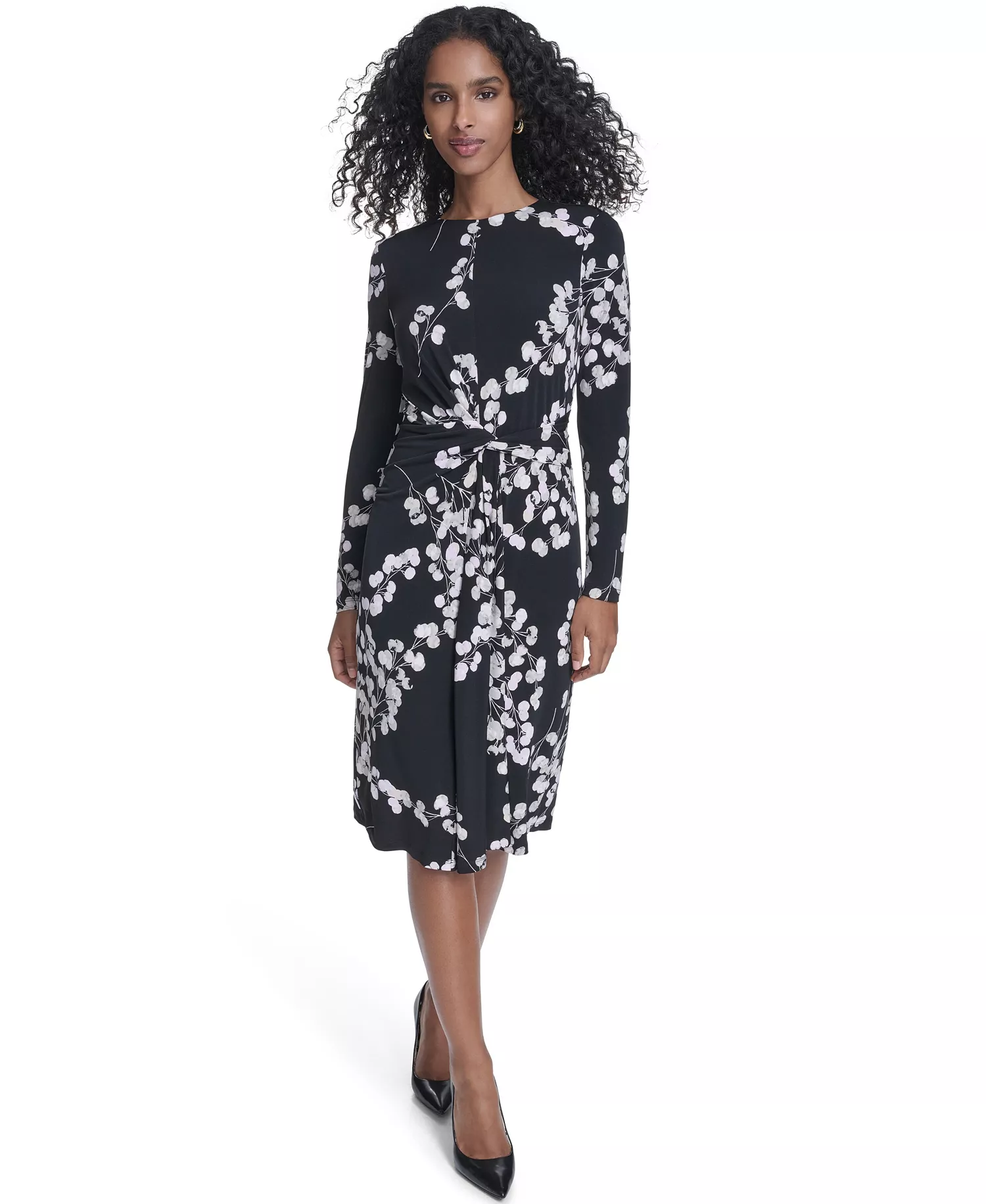Women's Jersey Surplice Long-Sleeve Crewneck Dress - Black/Cherry Blossom Multi - 0P