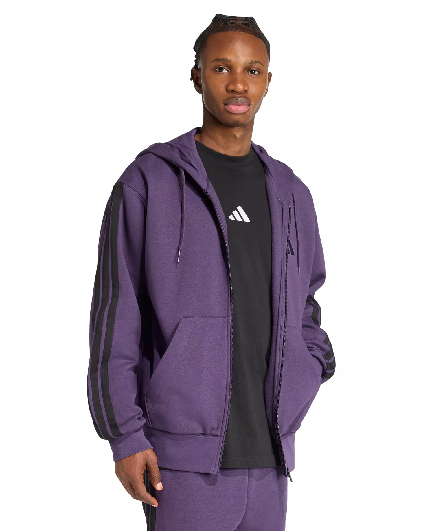 Men's Regular-Fit 3-Stripes Full-Zip Fleece Hoodie  - Aurora Plum/Black - 2XL