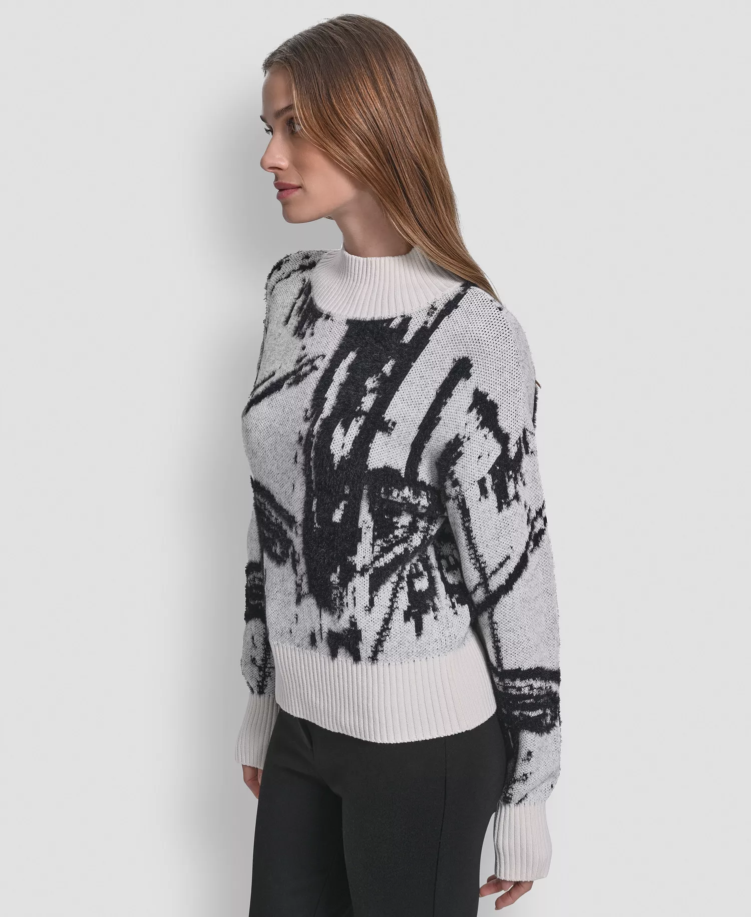 Women's Intarsia Oversized Pull On Sweater - Ivory/Black - XL