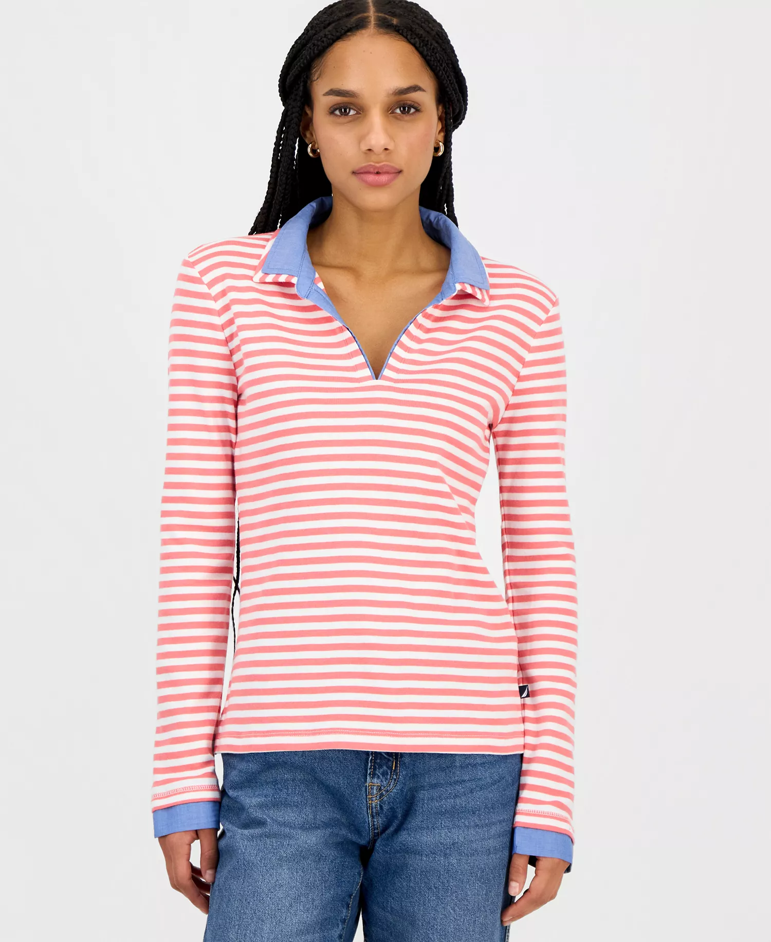 Nautica Women's Striped Double Collar Long Sleeve Cotton Shirt - Coralie Mlt - L