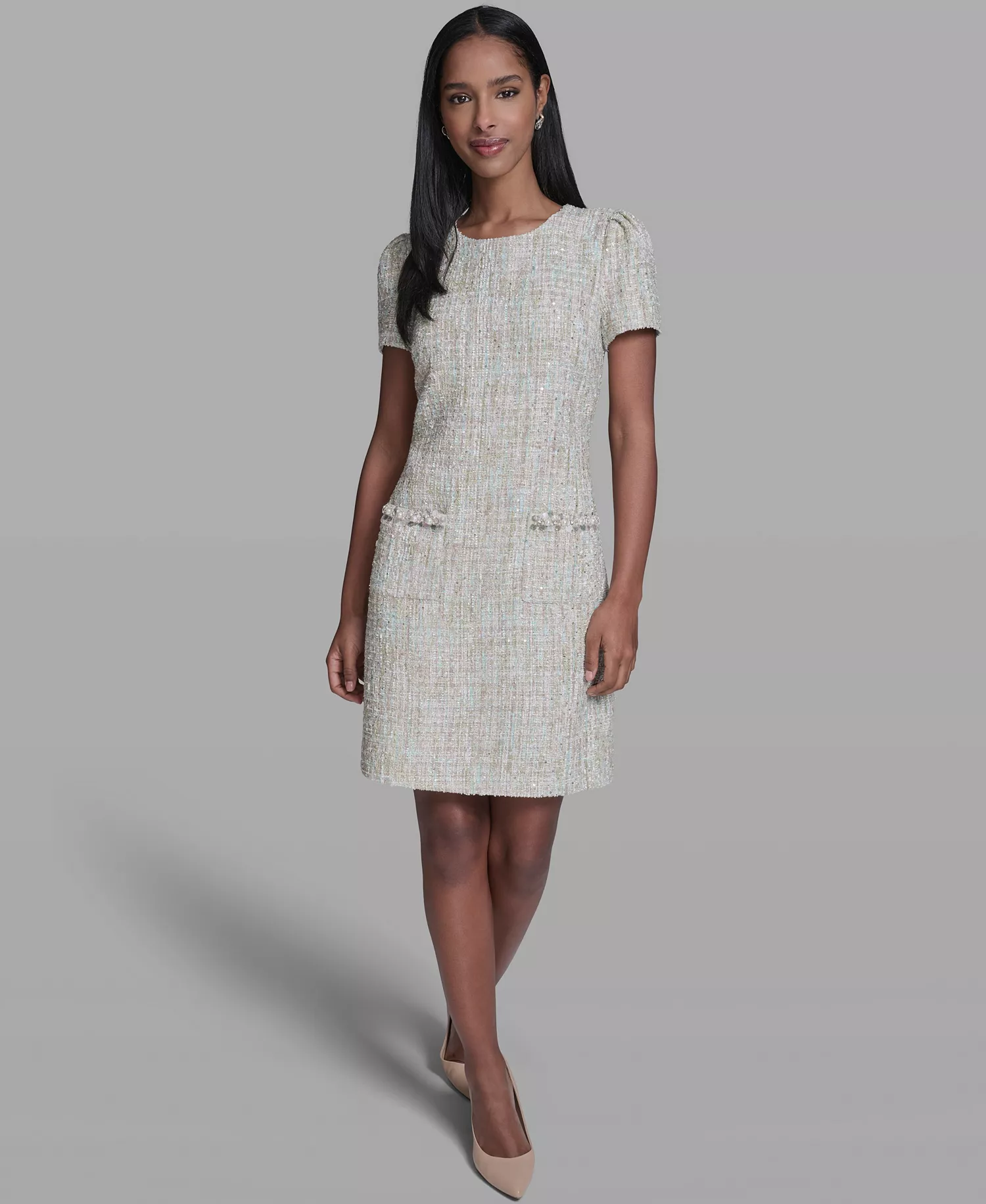 Women's Sequined Textured Crewneck Dress - Tea Green Multi - 0