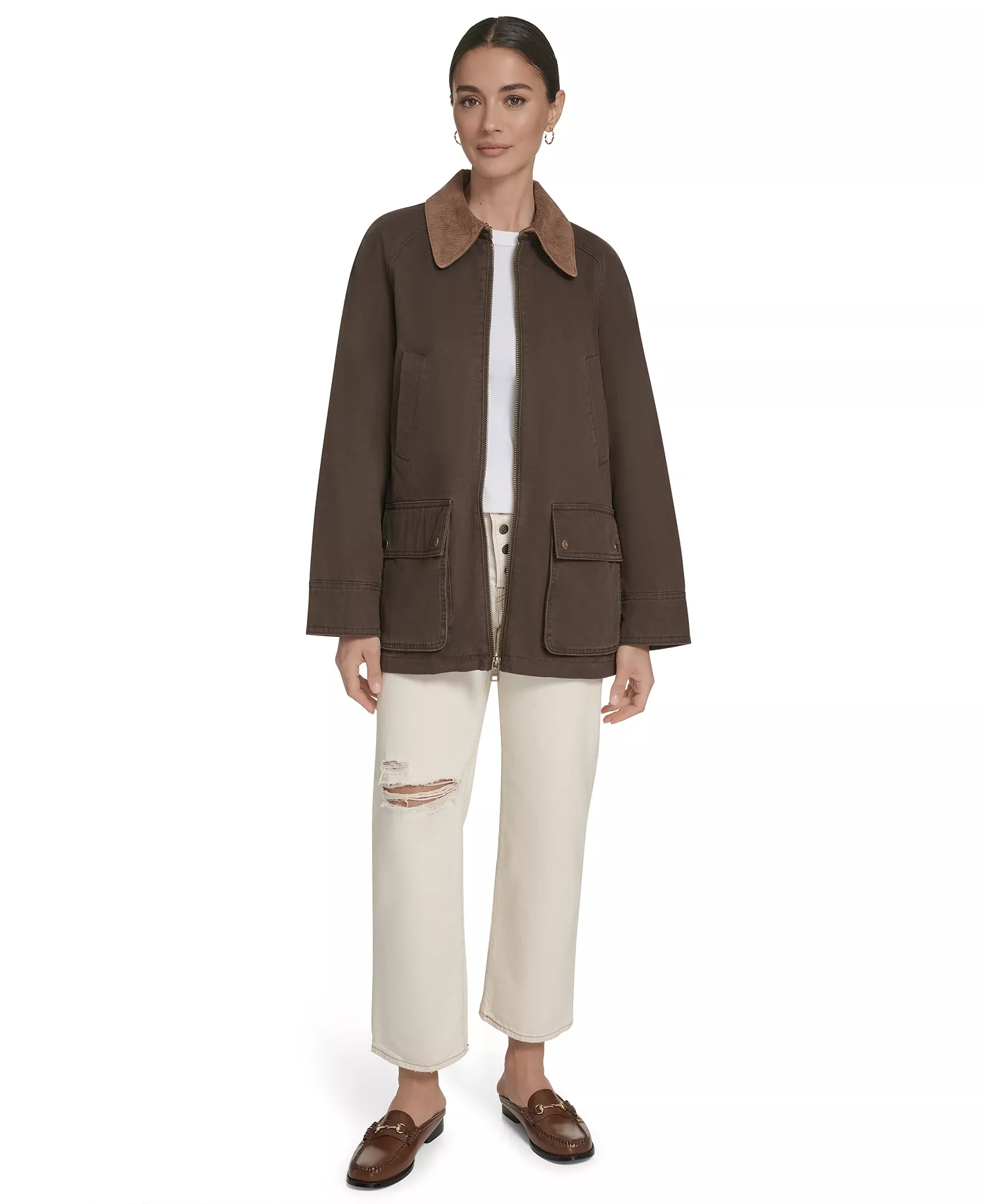 Women's Front Zipper Barn Jacket - Chocolate Brown - L