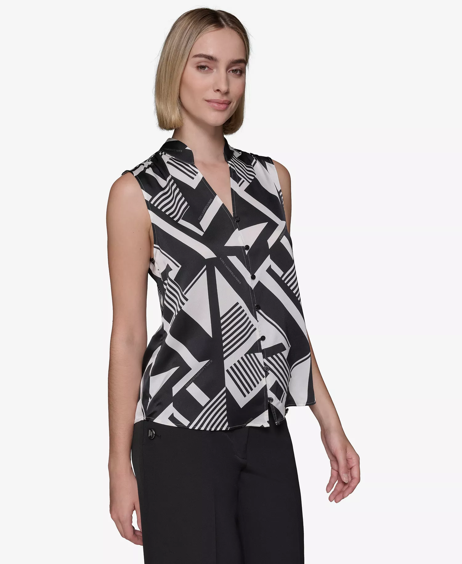 Women's Printed V-Neck Blouse - Sft Wht/bl - L