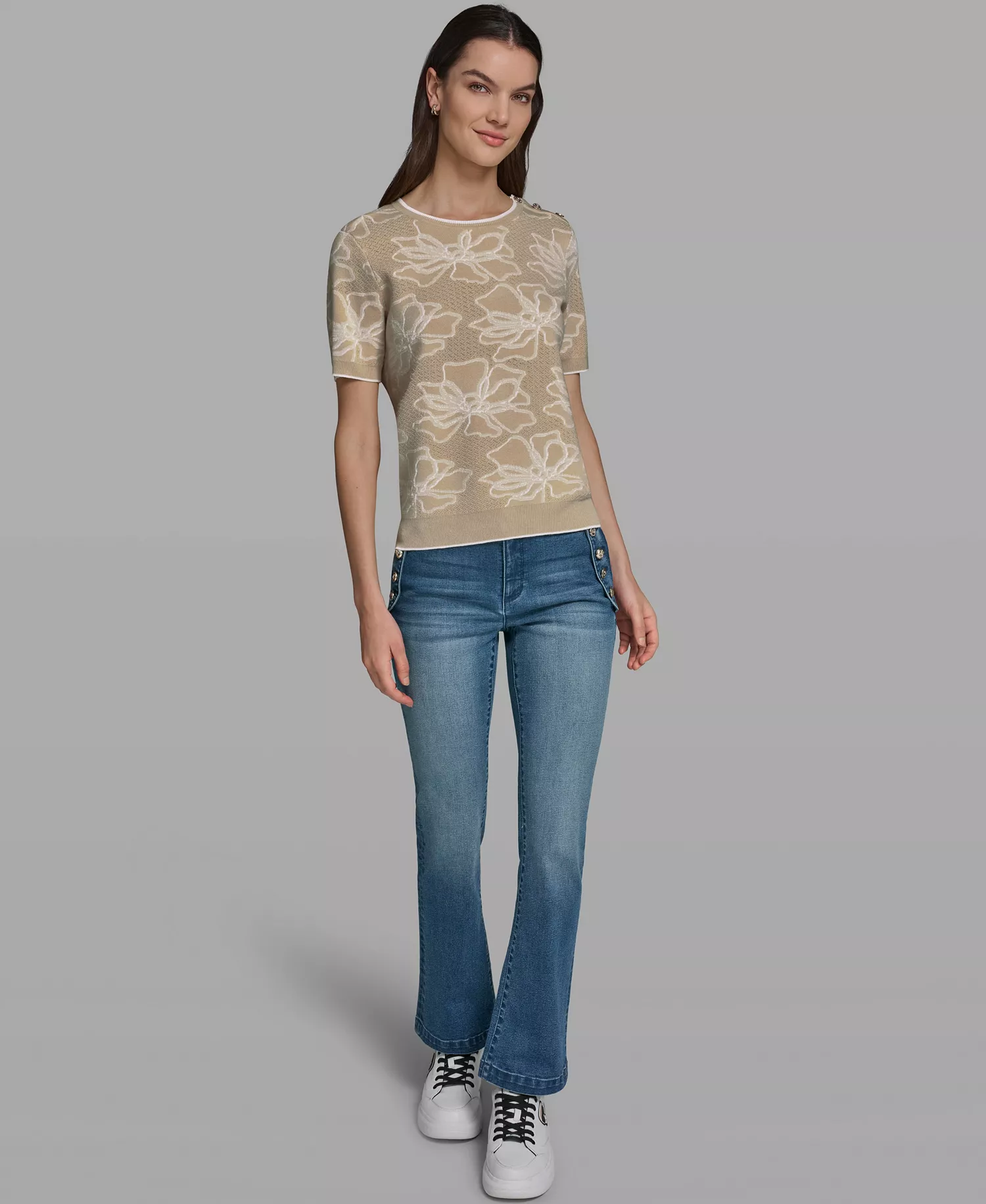 Women's Flower Print Short-Sleeve Sweater - French Beige/soft White - L