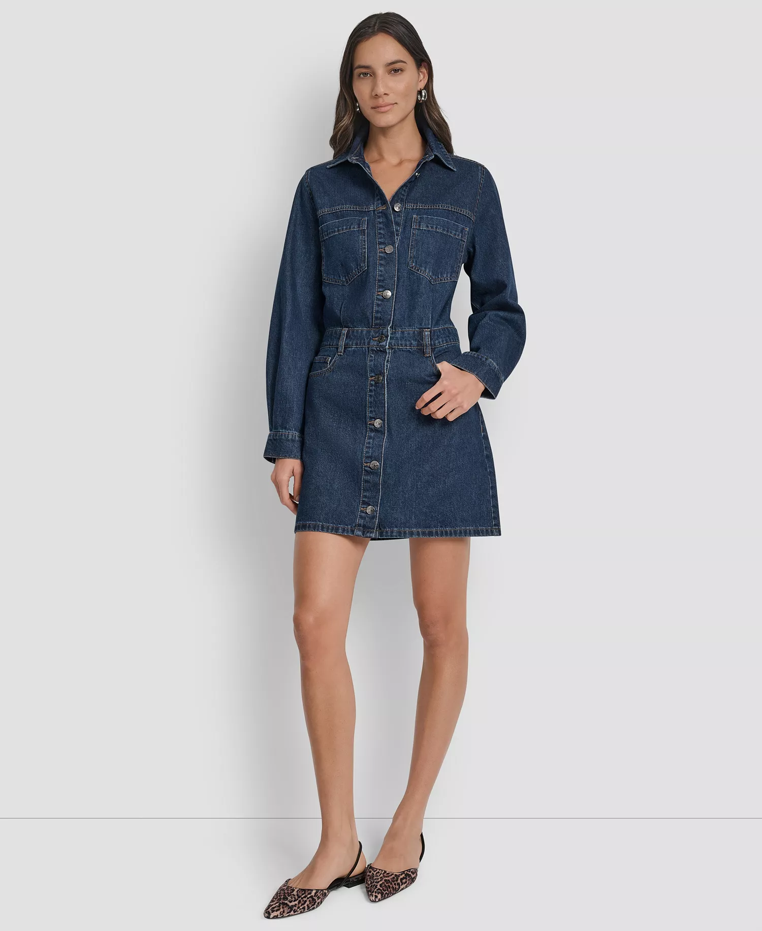 Women's Button-Down Long-Sleeve Denim Dress - ELERY - XS