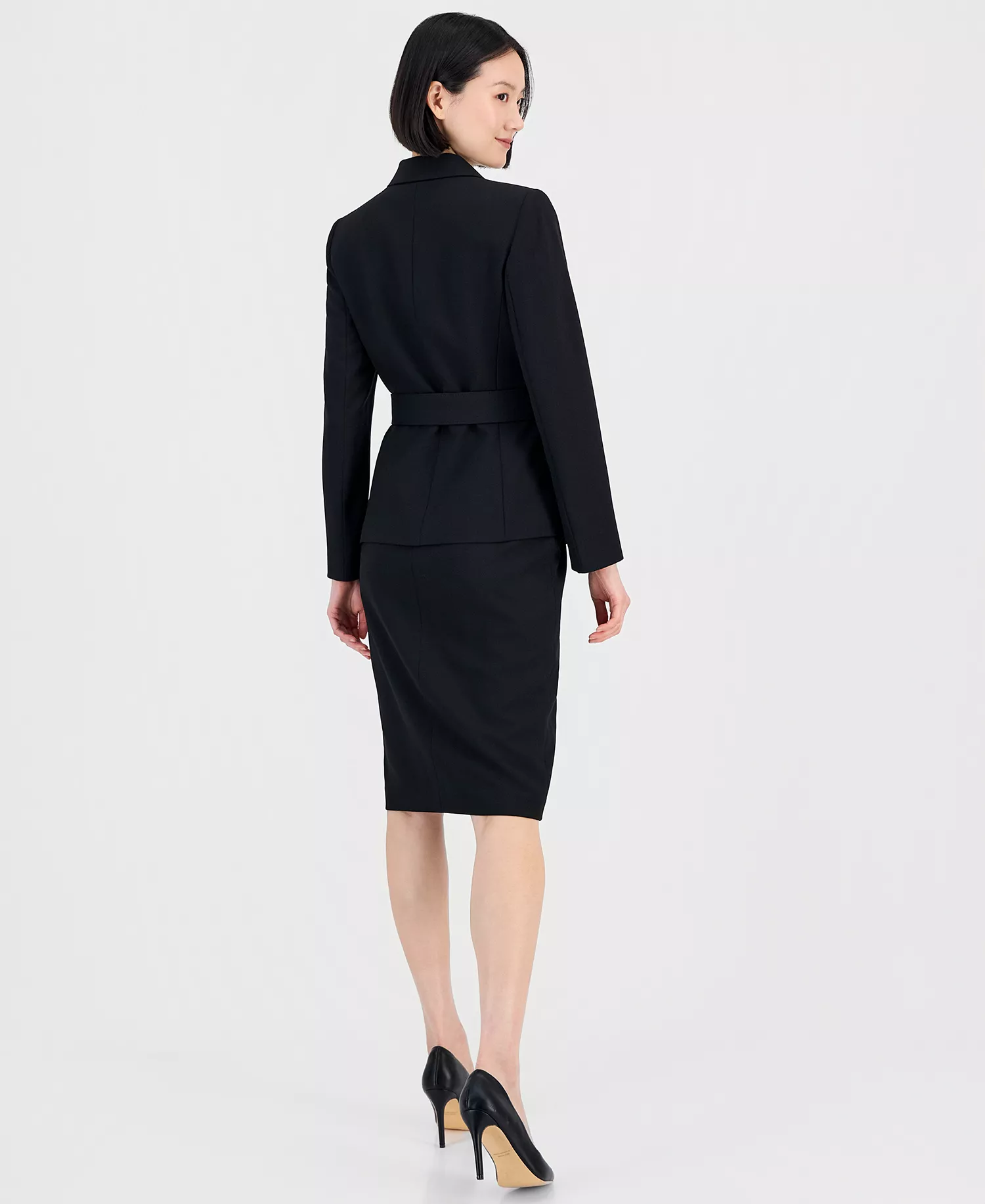 Women's Asymmetrical Belted Jacket & Pencil Skirt Suit Set - Black - 10