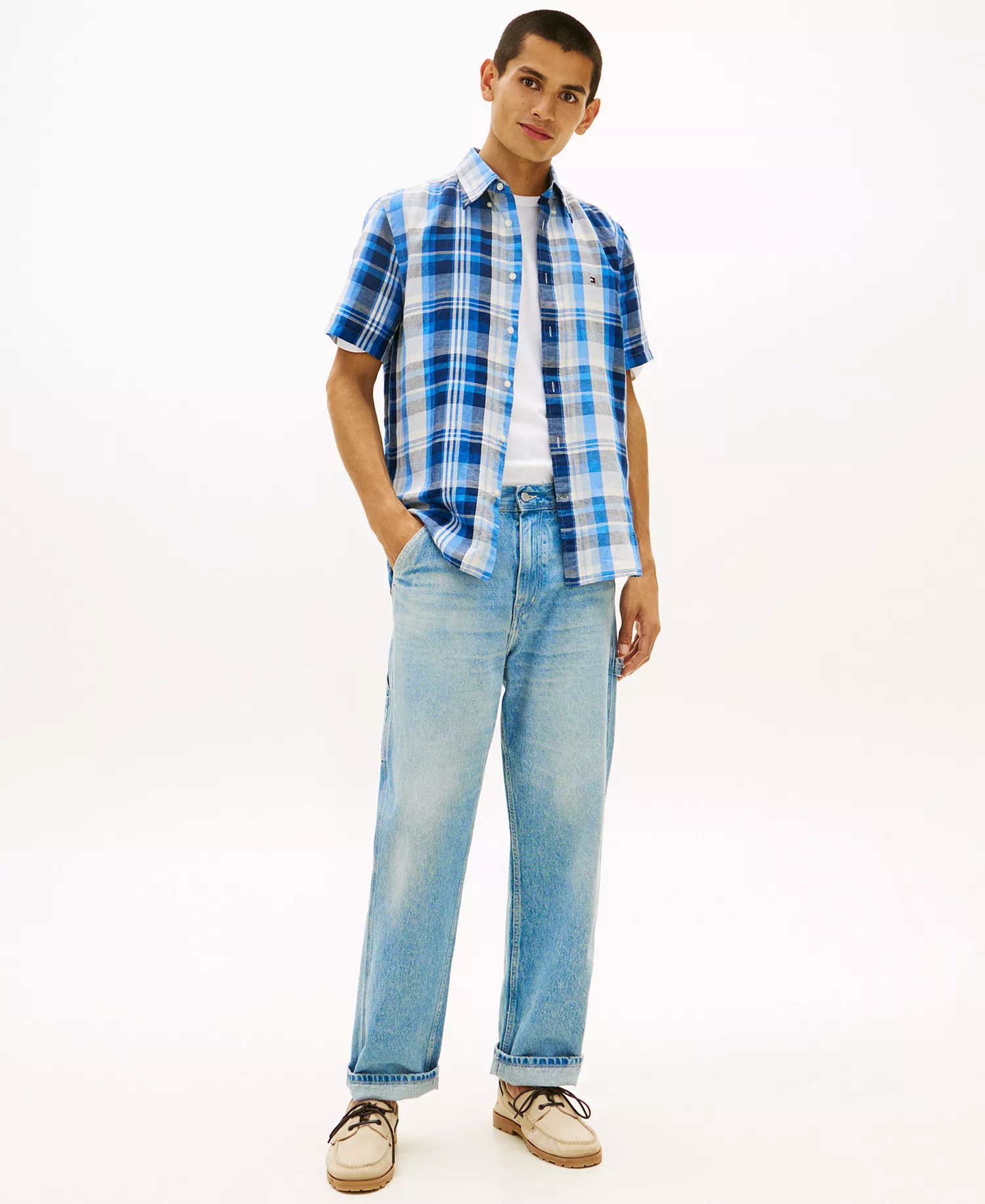 Men's Check Plaid Linen-Blend Short-Sleeve Shirt - Preppy Navy / Check - L