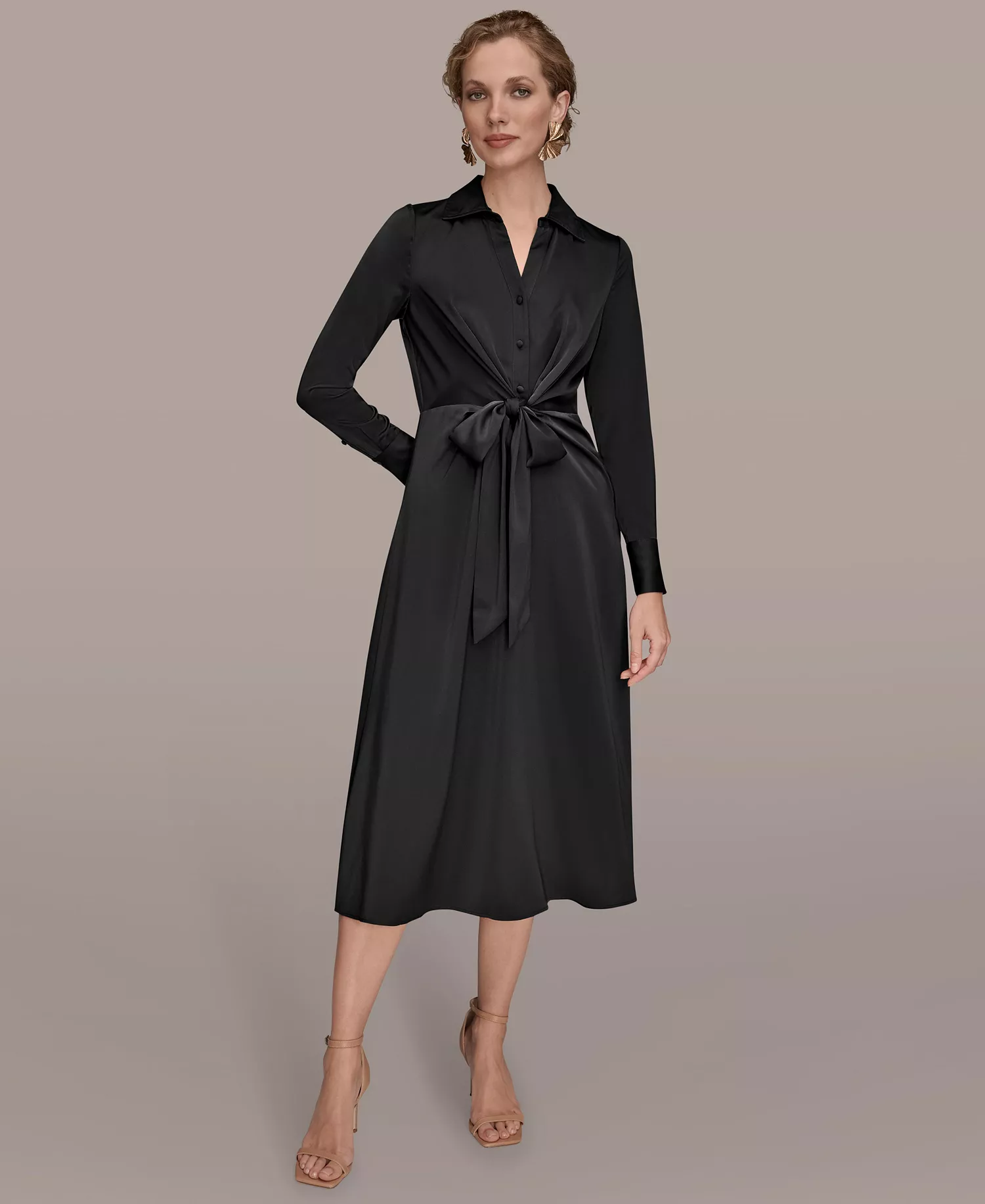Women's Tie Front Shirt Dress - Black - 10