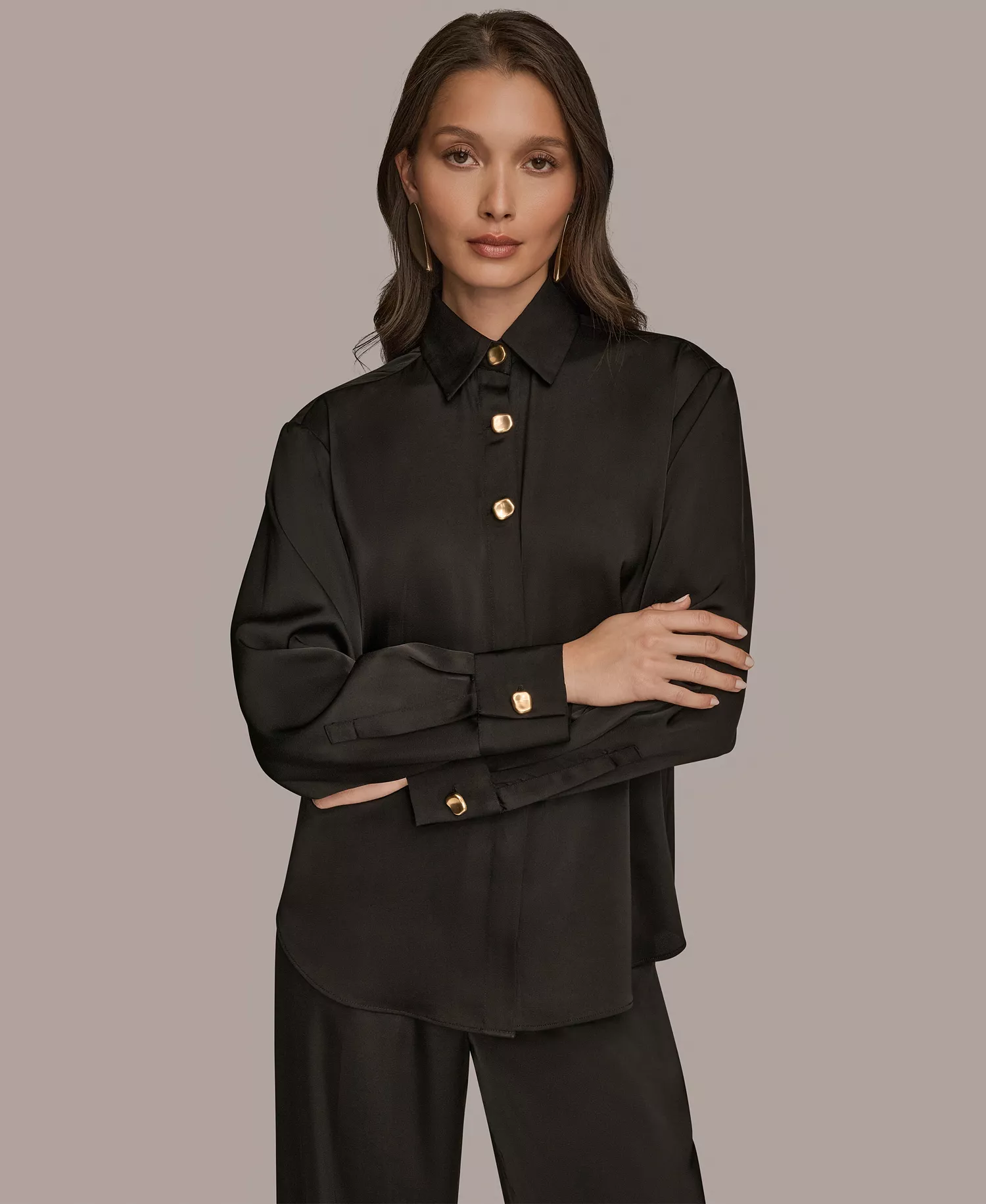 Women's Silk Collared Long Sleeve Button Down Top - Black - L