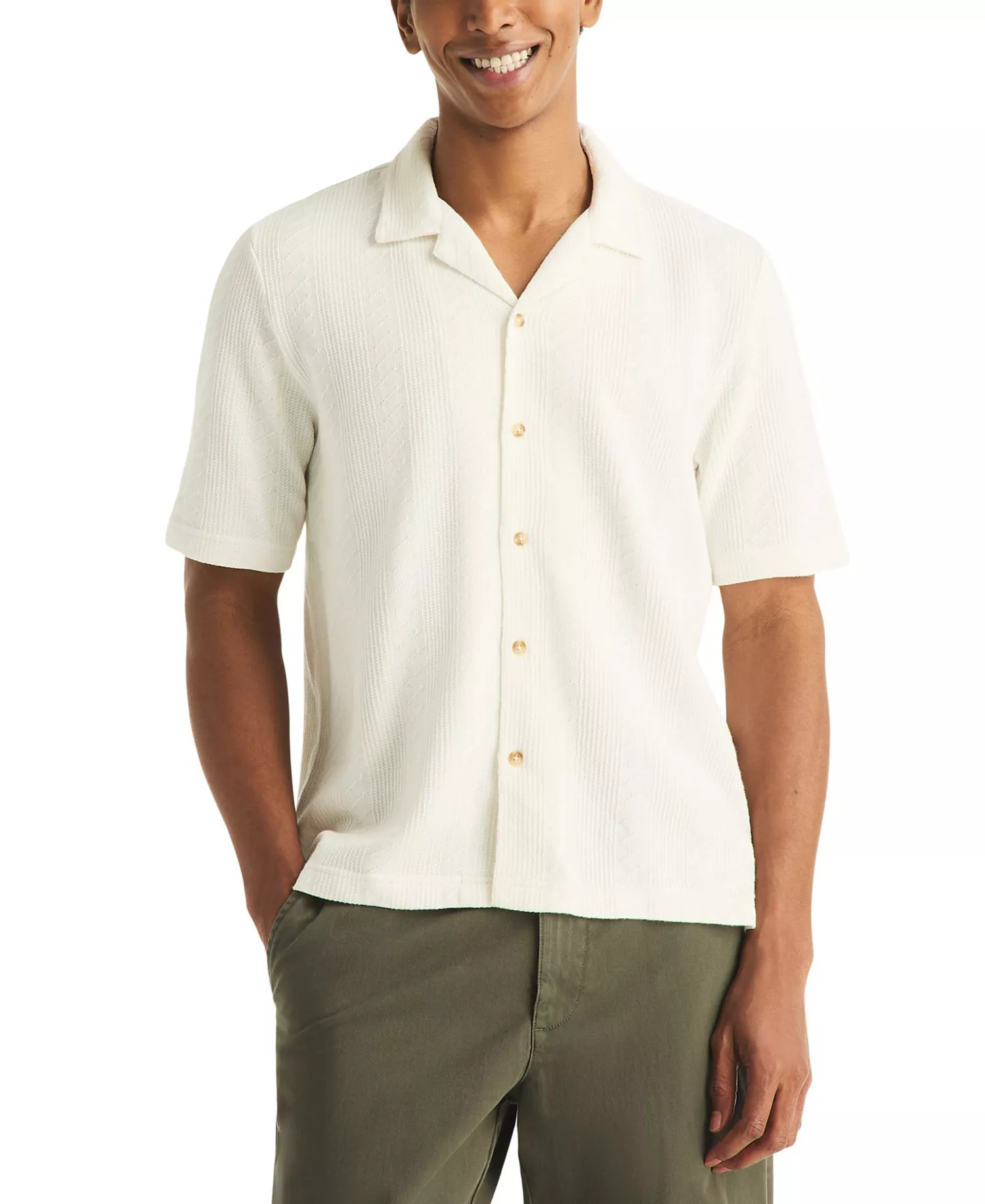 Men's Short-Sleeve Vertical Textured Polo Shirt - Bright White - L