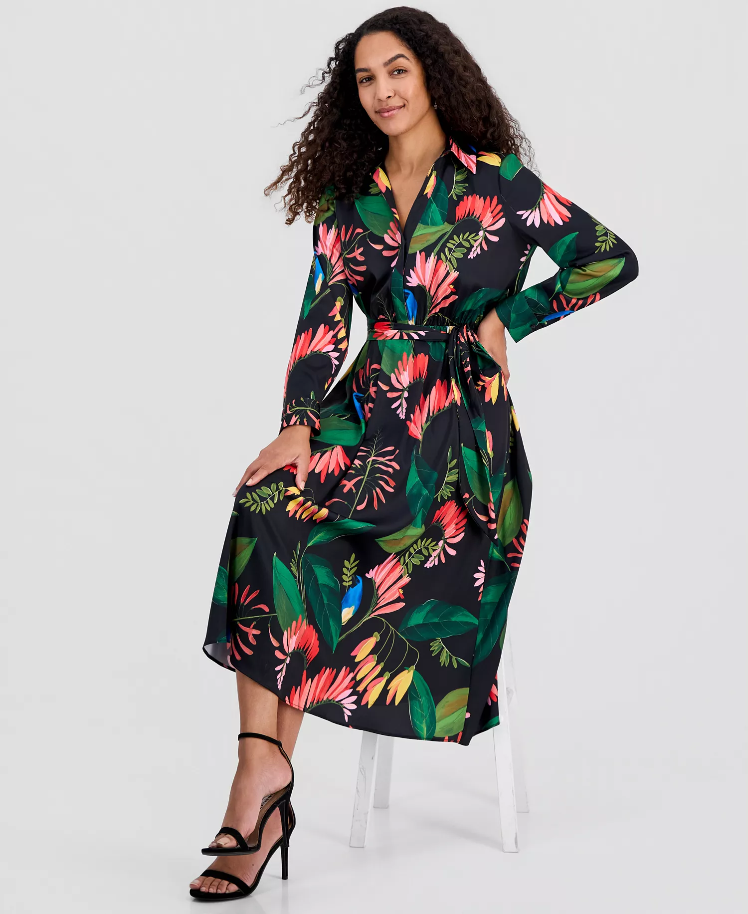 Women's Floral-Print Tie-Belt Fit & Flare Dress - Tropical Wonder Print - 10