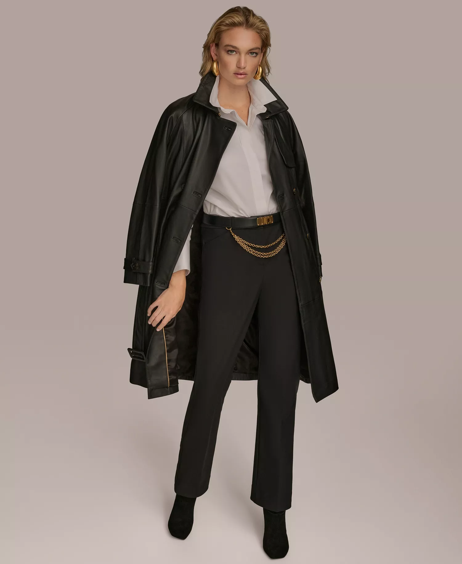 Women's Belted Leather Trench Coat - Black - L