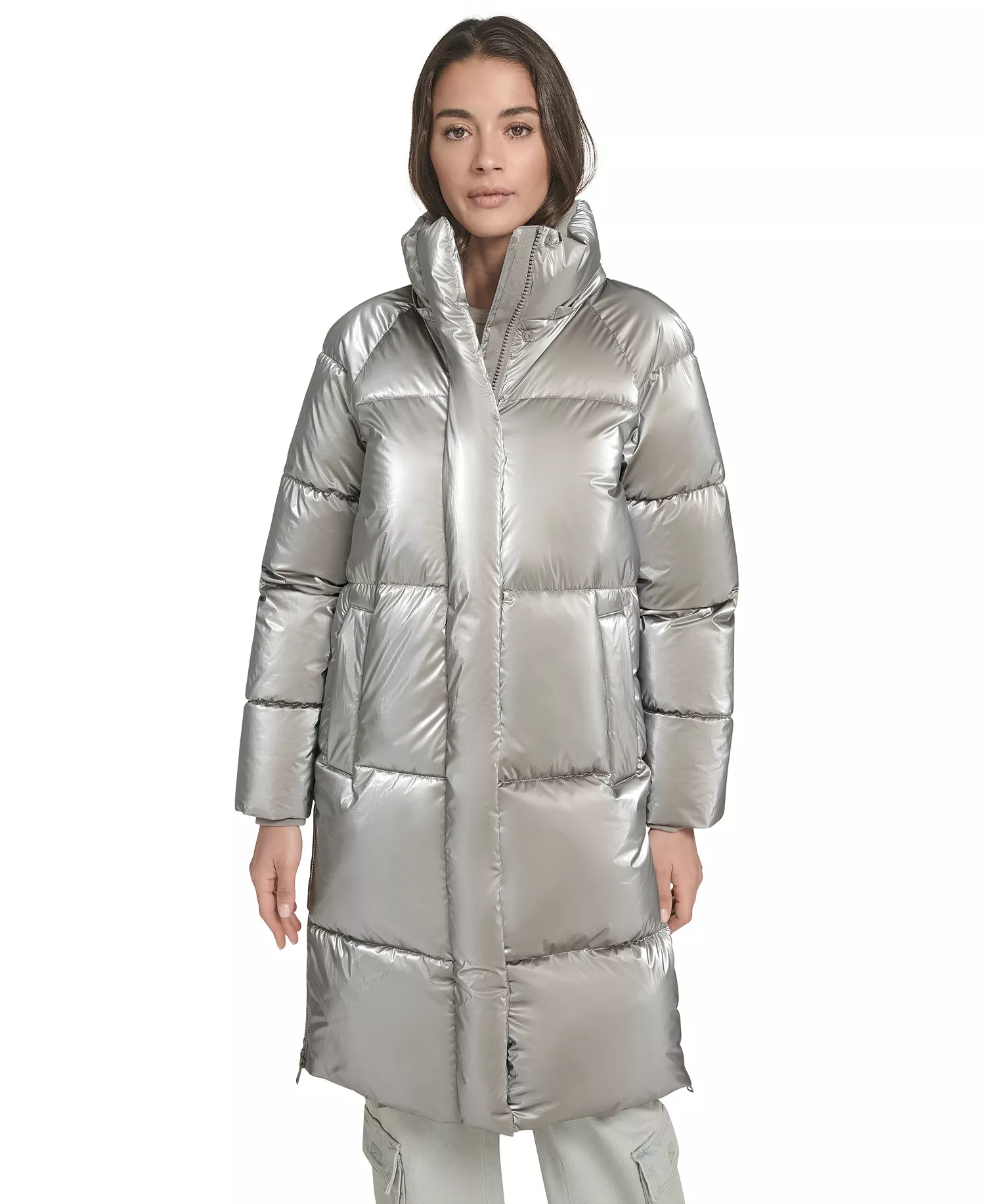 Women's Regular Long Puffer Jacket - Silver - L