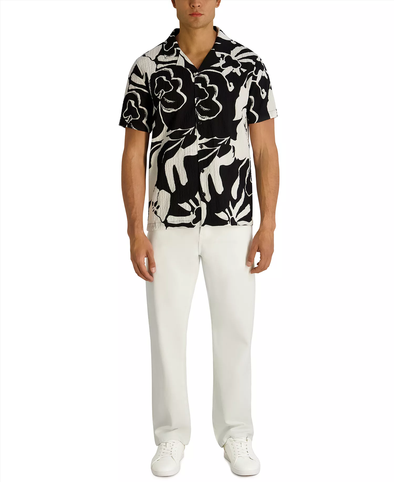 Men's Seersucker Floral Camp Collar Textured Shirt - Black/White - 2XL