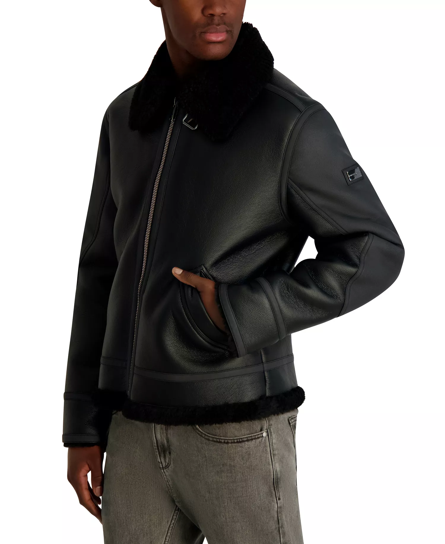 Men's Faux Leather Sherpa Lined Collared Jacket - Black - 2XL