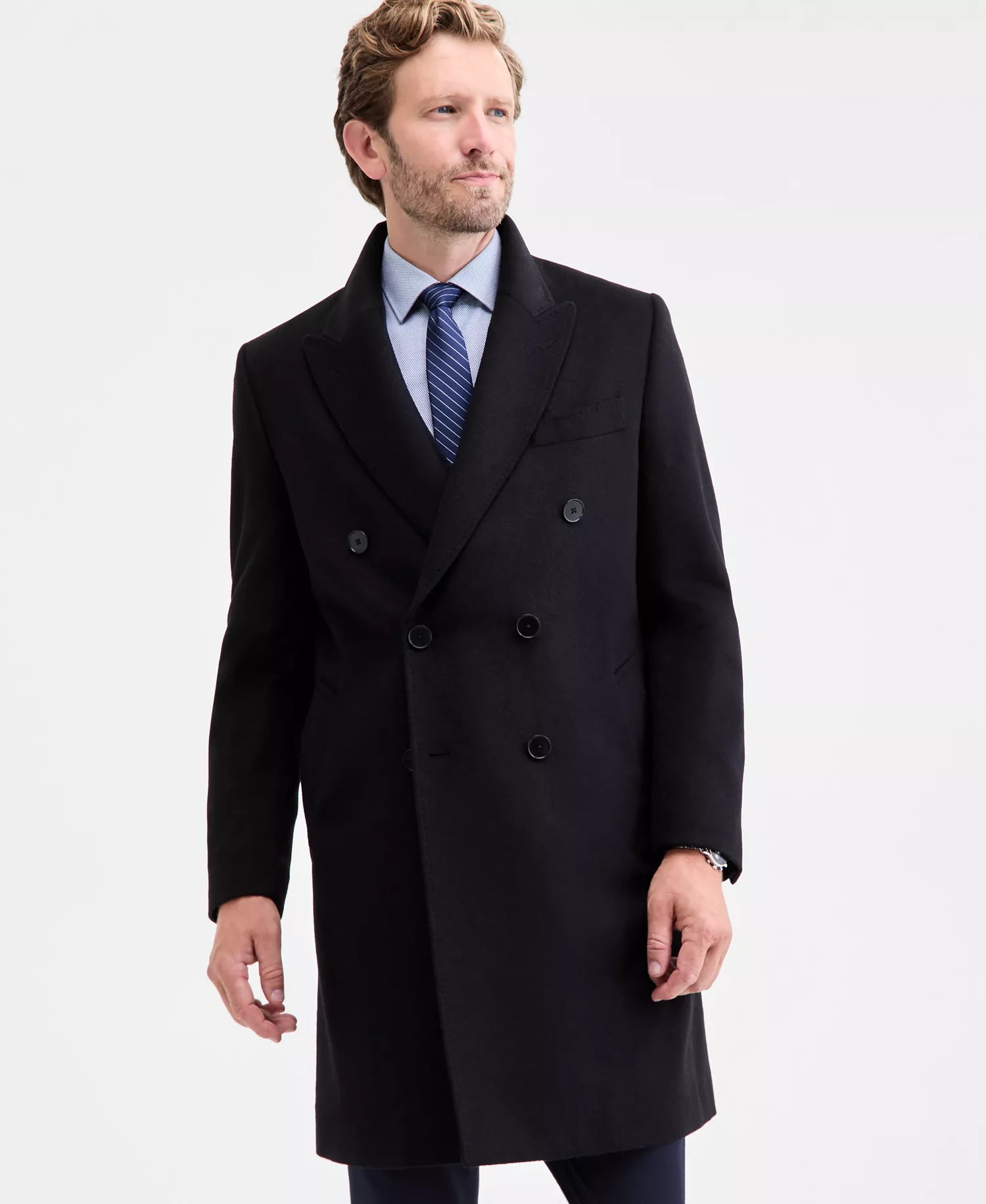 Men's Classic-Fit Wool Blend Overcoat - Black - 36R