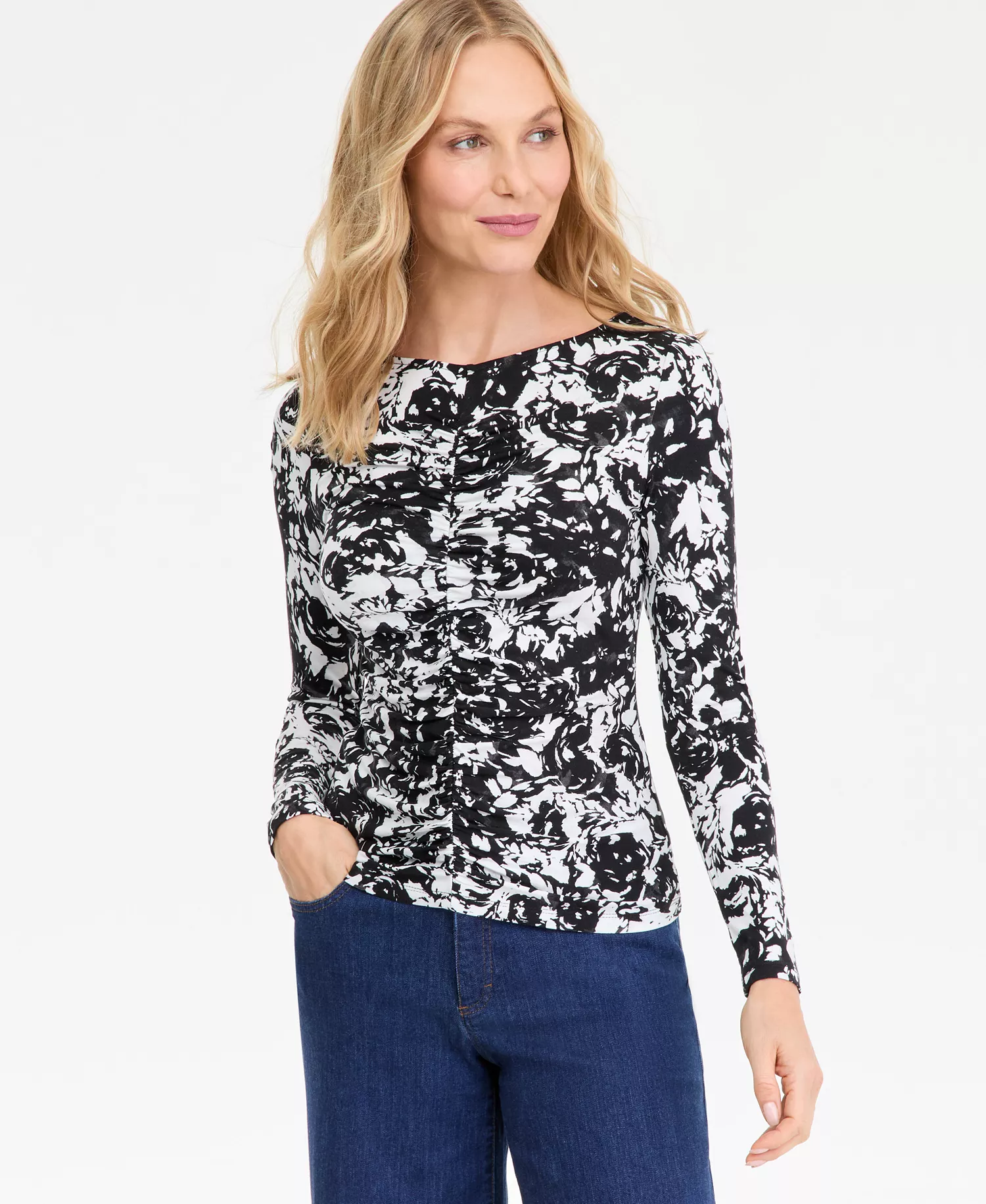 Women's Printed Long-Sleeve Shirred-Front Top, Macy's Exclusive - Bloom Bouq - L