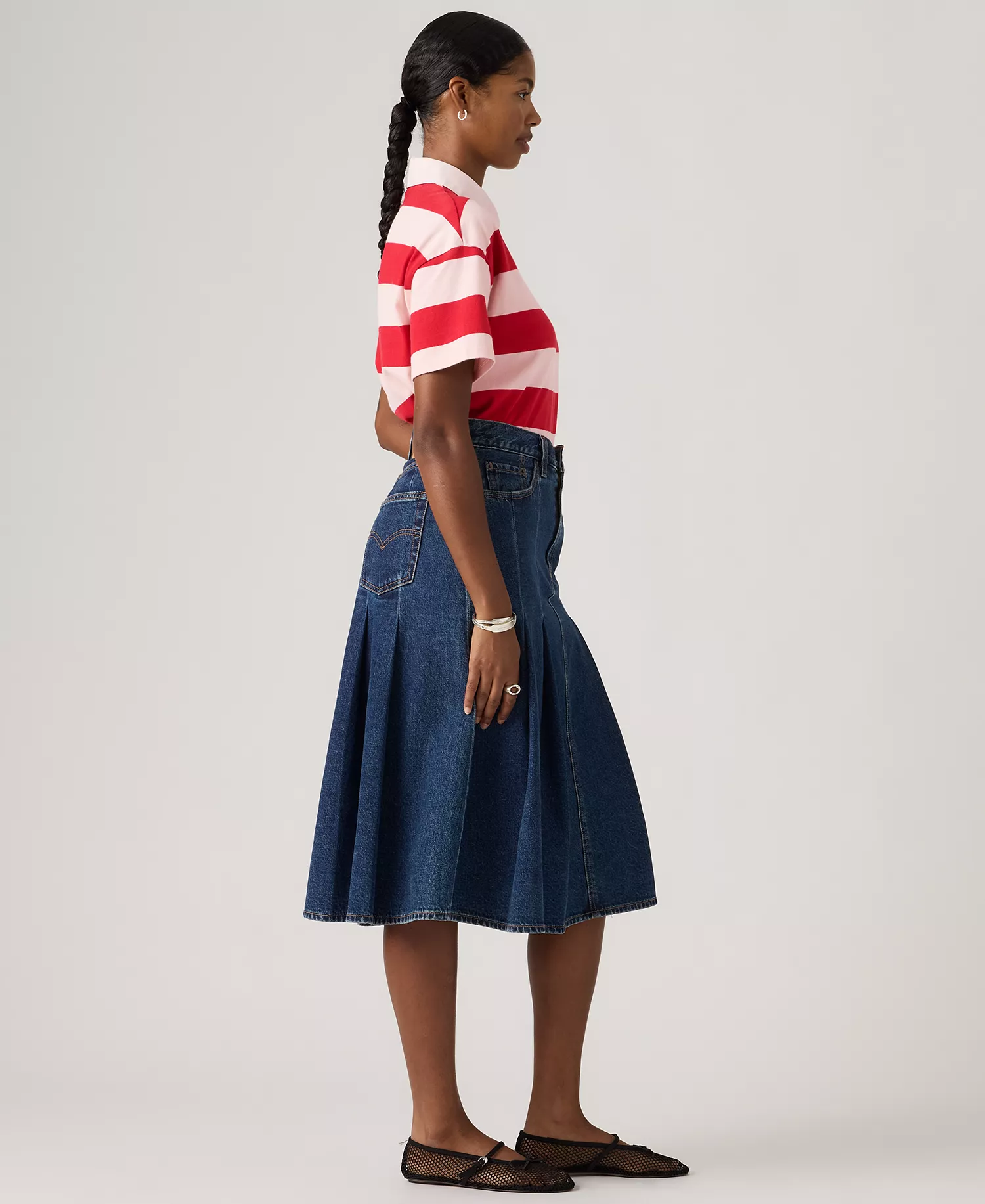 Women's Pleated Denim Midi Skirt - Slightly Coral - 24