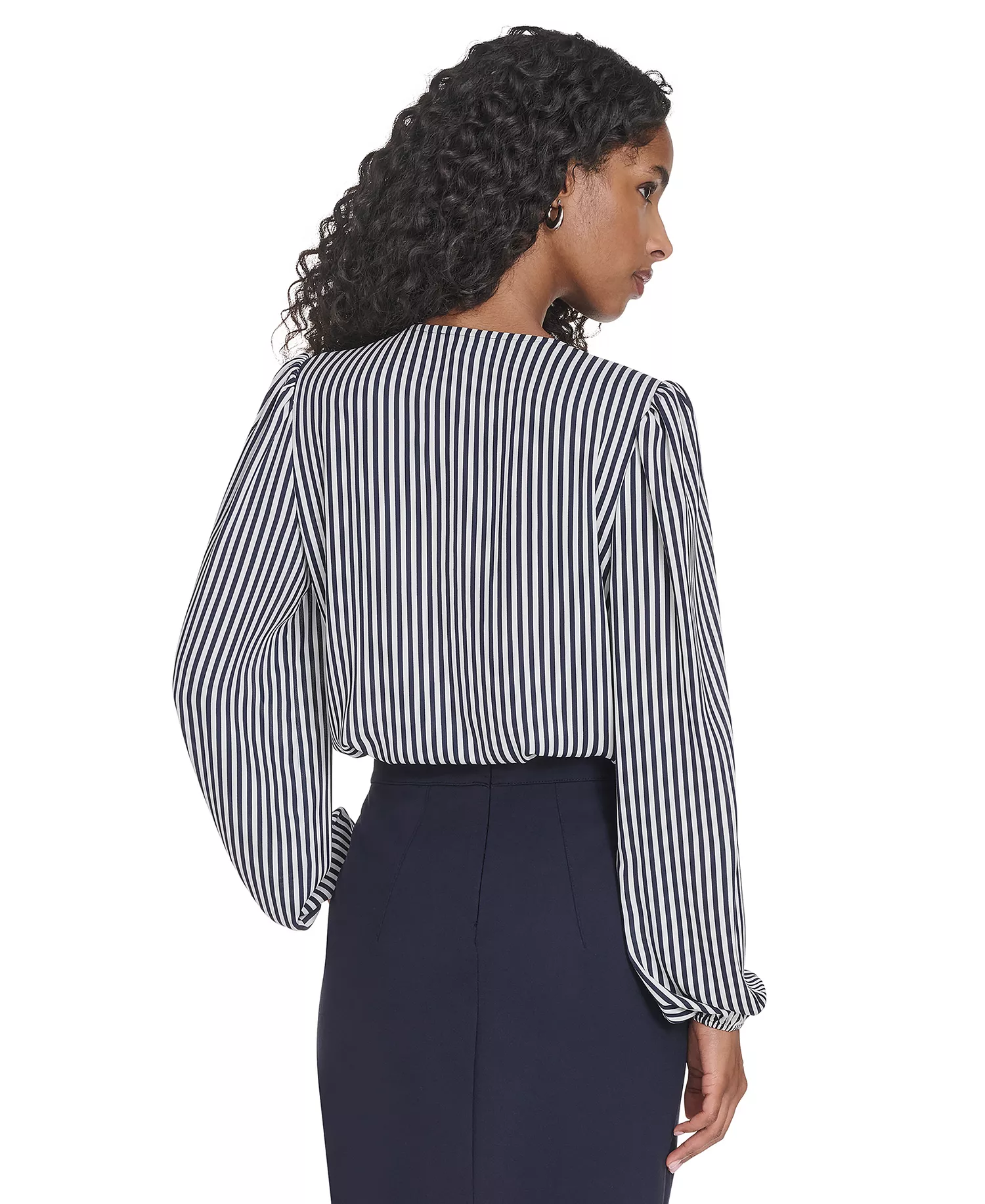 Women's Striped V-Neck Ruffle Top - Ivory/ Midnight - XS