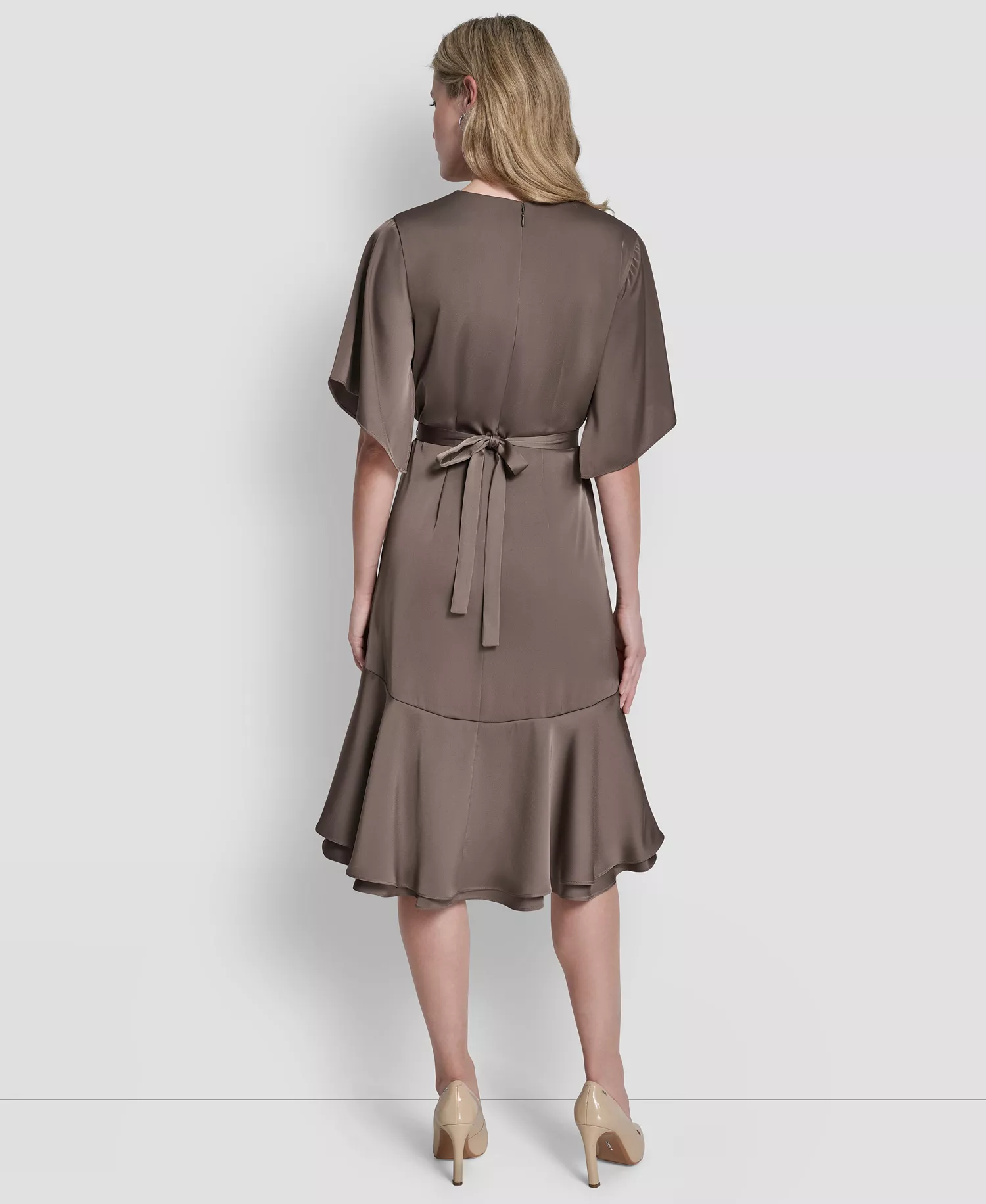 Women's Flutter Sleeve V-Neck High Low Midi Dress - Morel - 10