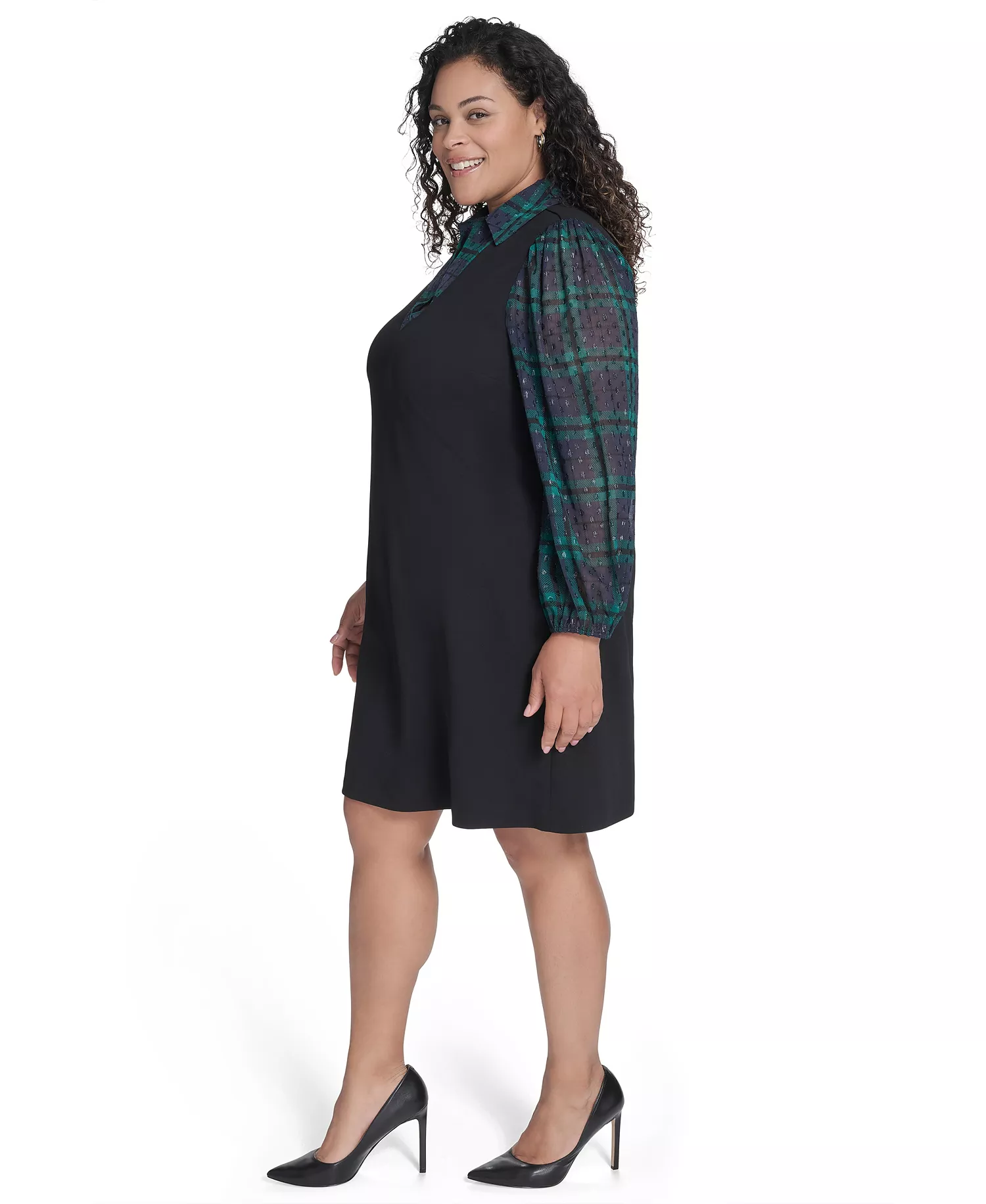 Plus Size Long Sleeve A-line Dress - Black/Midnight/Green - 14W